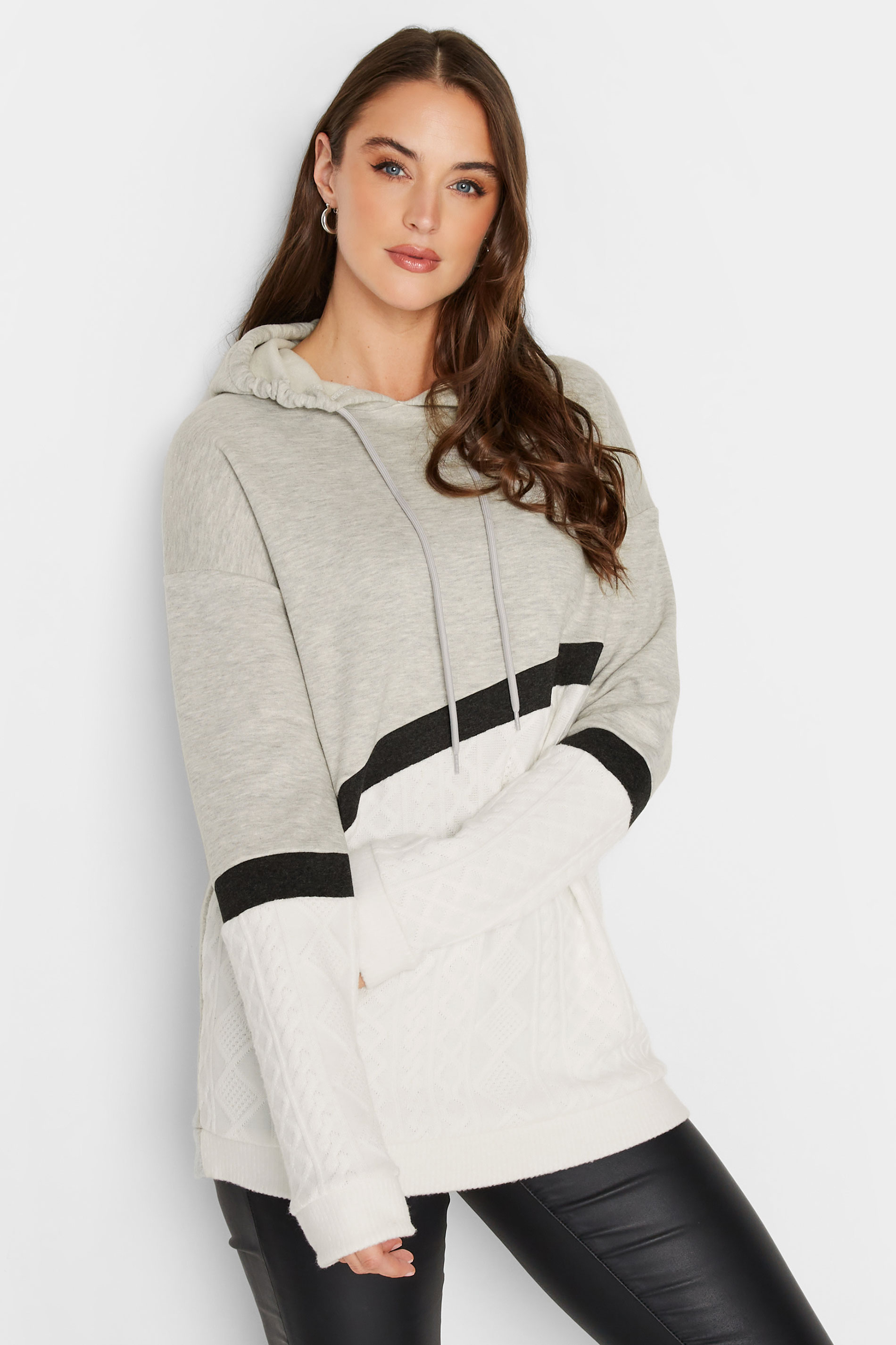 LTS Tall Women's Grey & White Colour Block Knitted Hoodie | Long Tall Sally 1