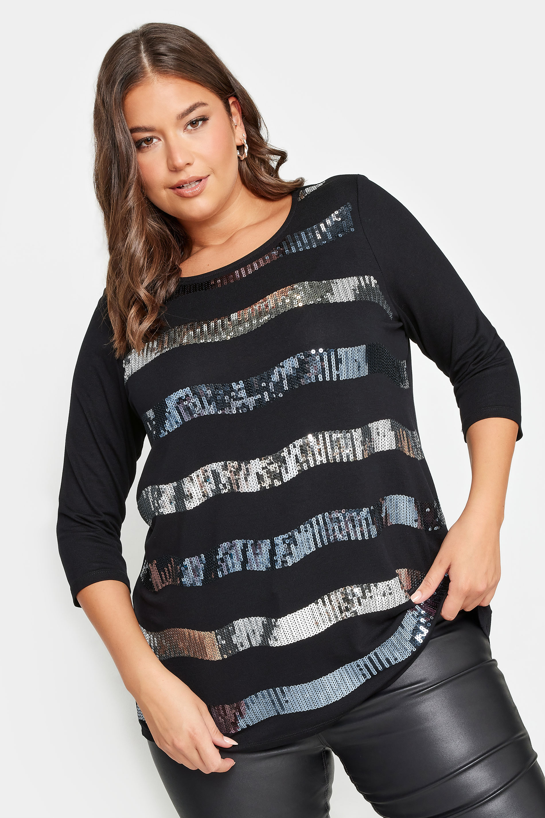YOURS Curve Plus Size Black Sequin Striped Long Sleeve Top | Yours Clothing