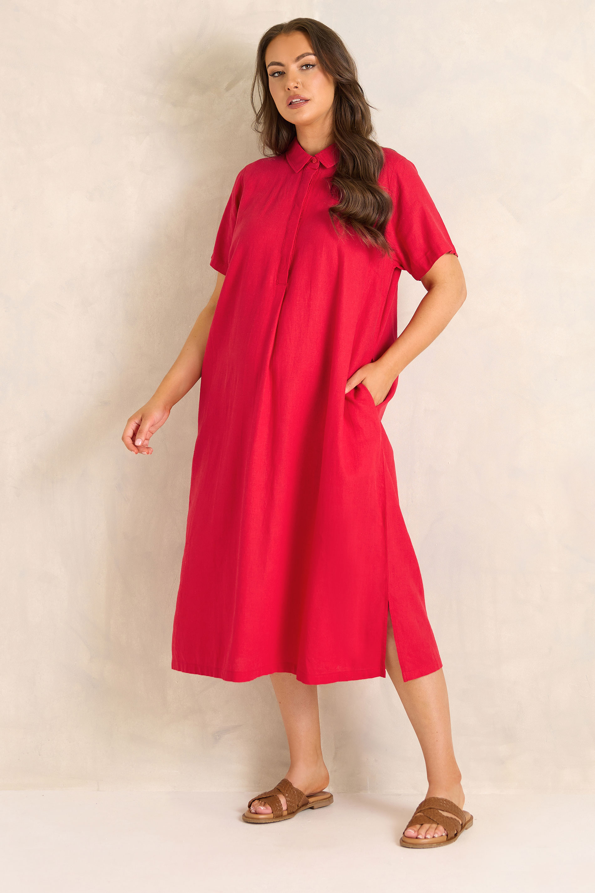 EVANS Plus Size Red Premium Linen Shirt Dress | Evans 4