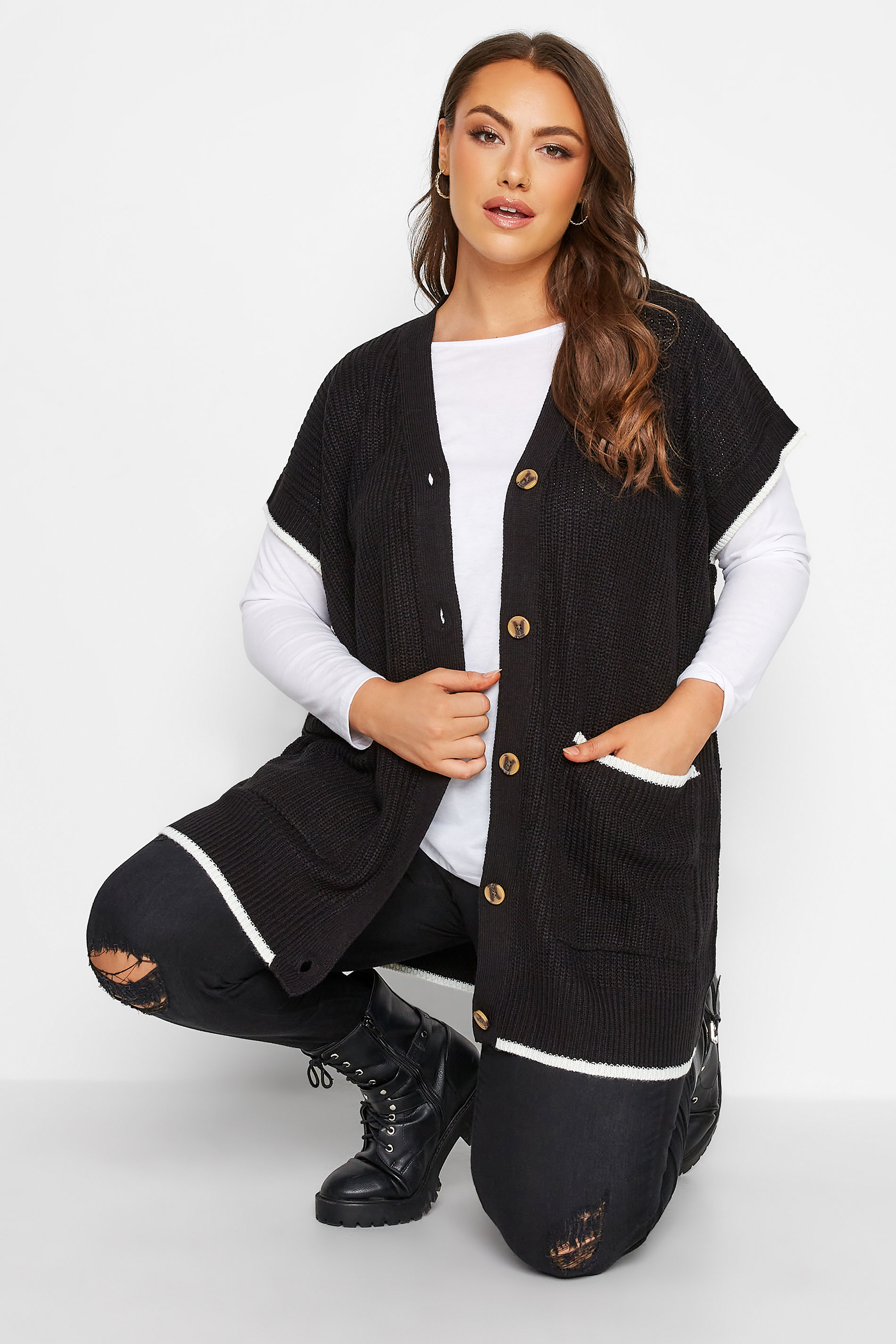 Plus Size Curve Black Button Through Knitted Vest | Yours Clothing  1