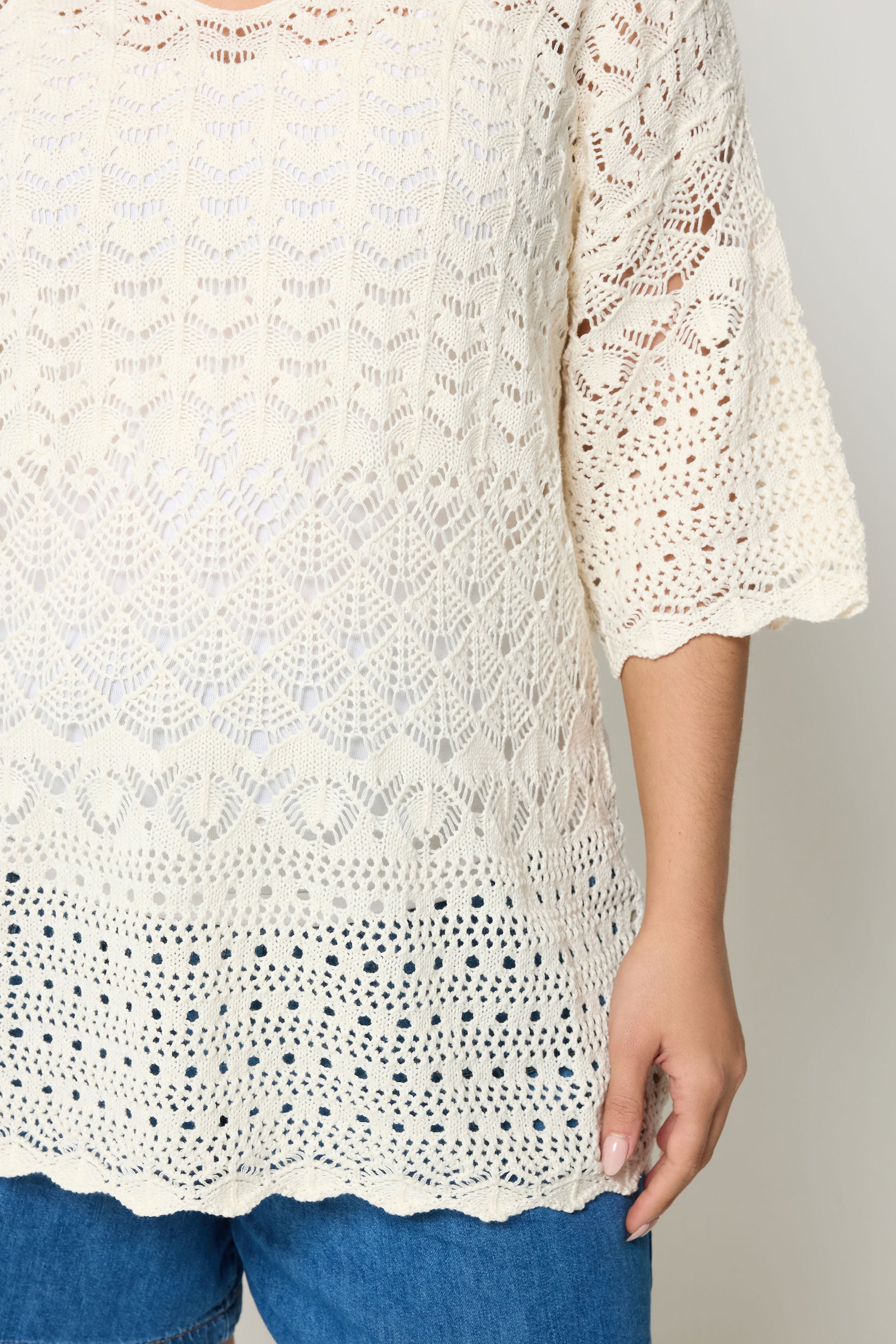 YOURS Plus Size Ivory White Crochet Crew Neck Top | Yours Clothing 4