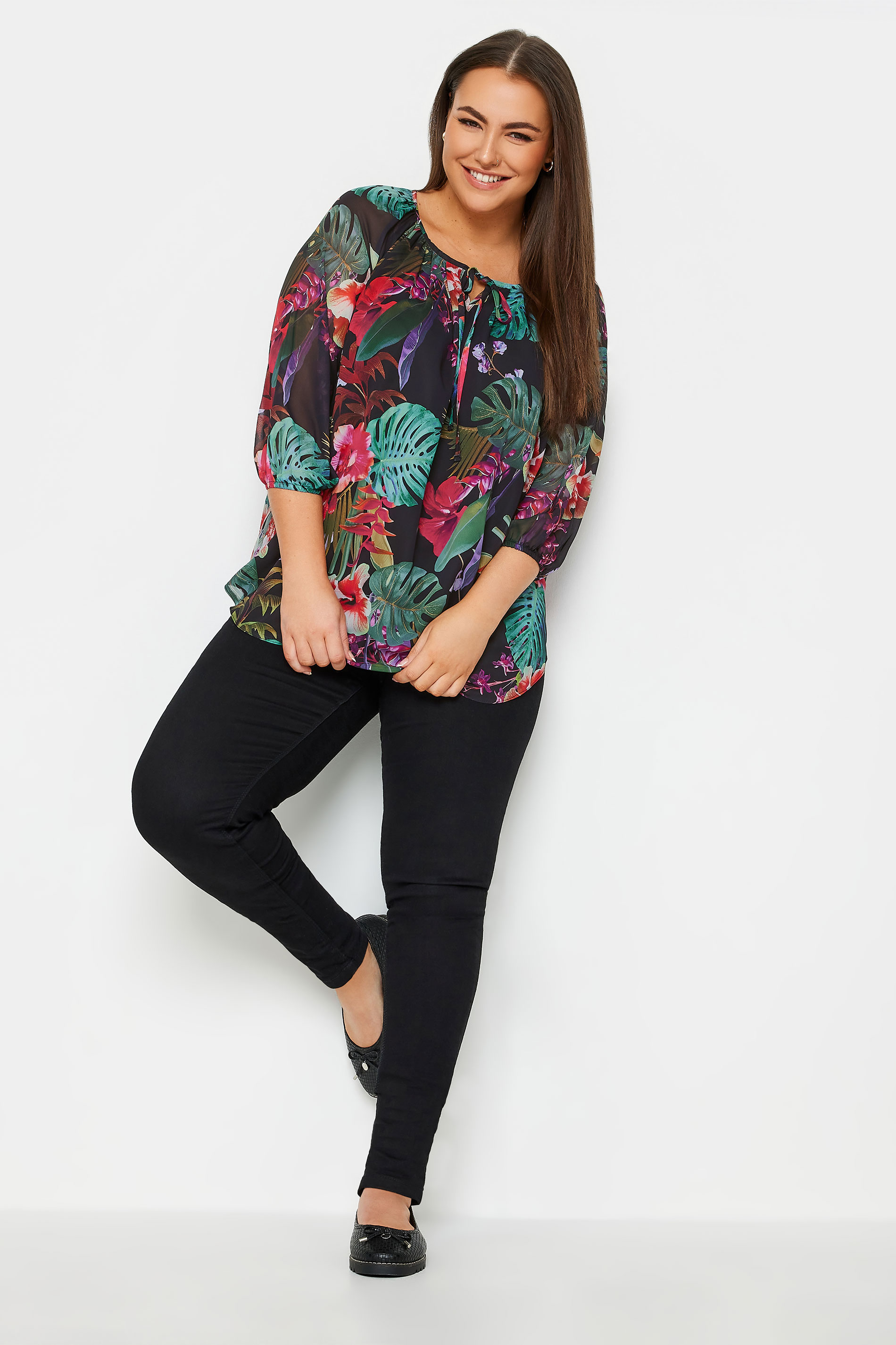 YOURS Plus Size Black Tropical Print Tie Neck Blouse | Yours Clothing 2