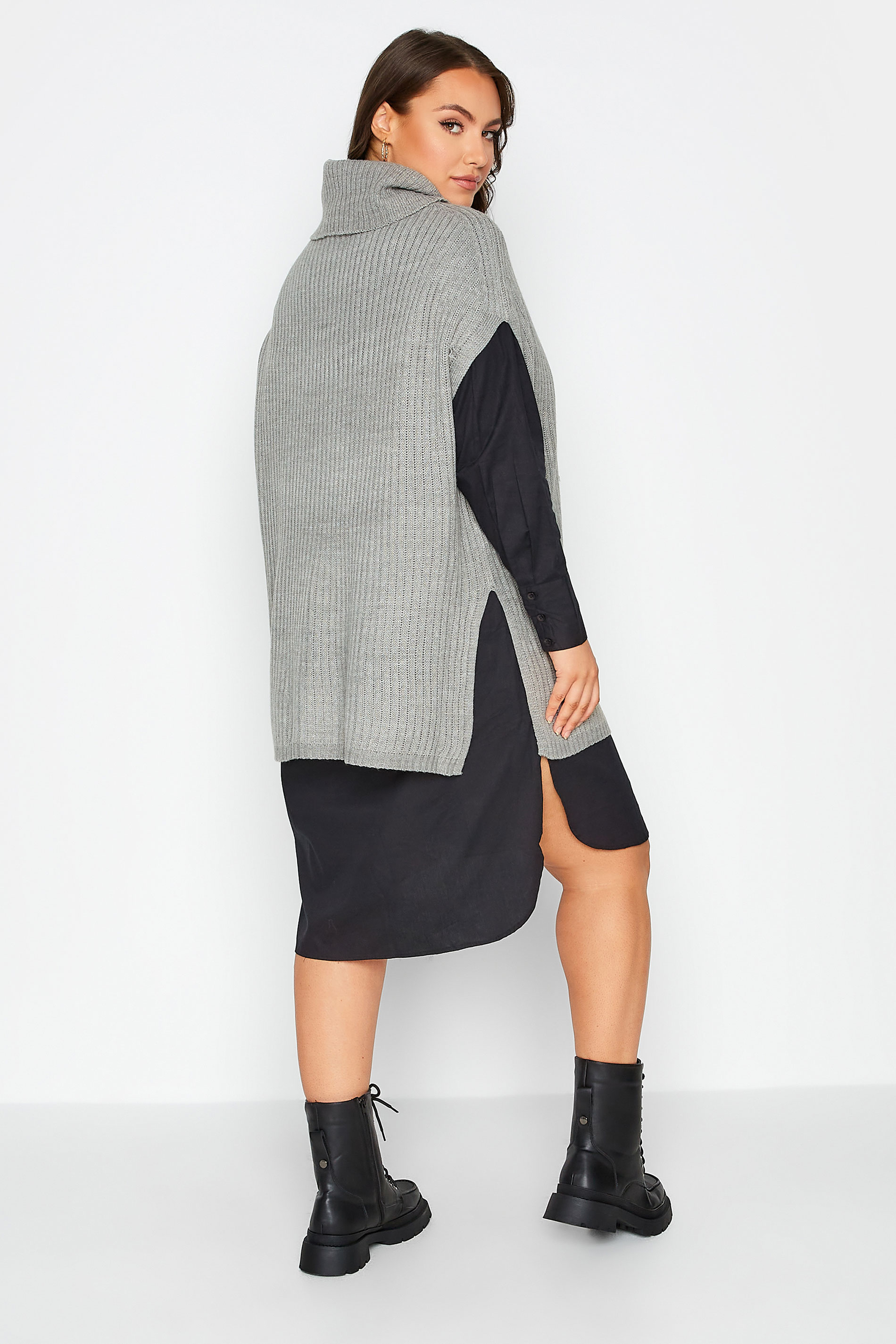 Plus Size Curve Grey Ribbed Knit Tabard Vest Top | Yours Clothing 3