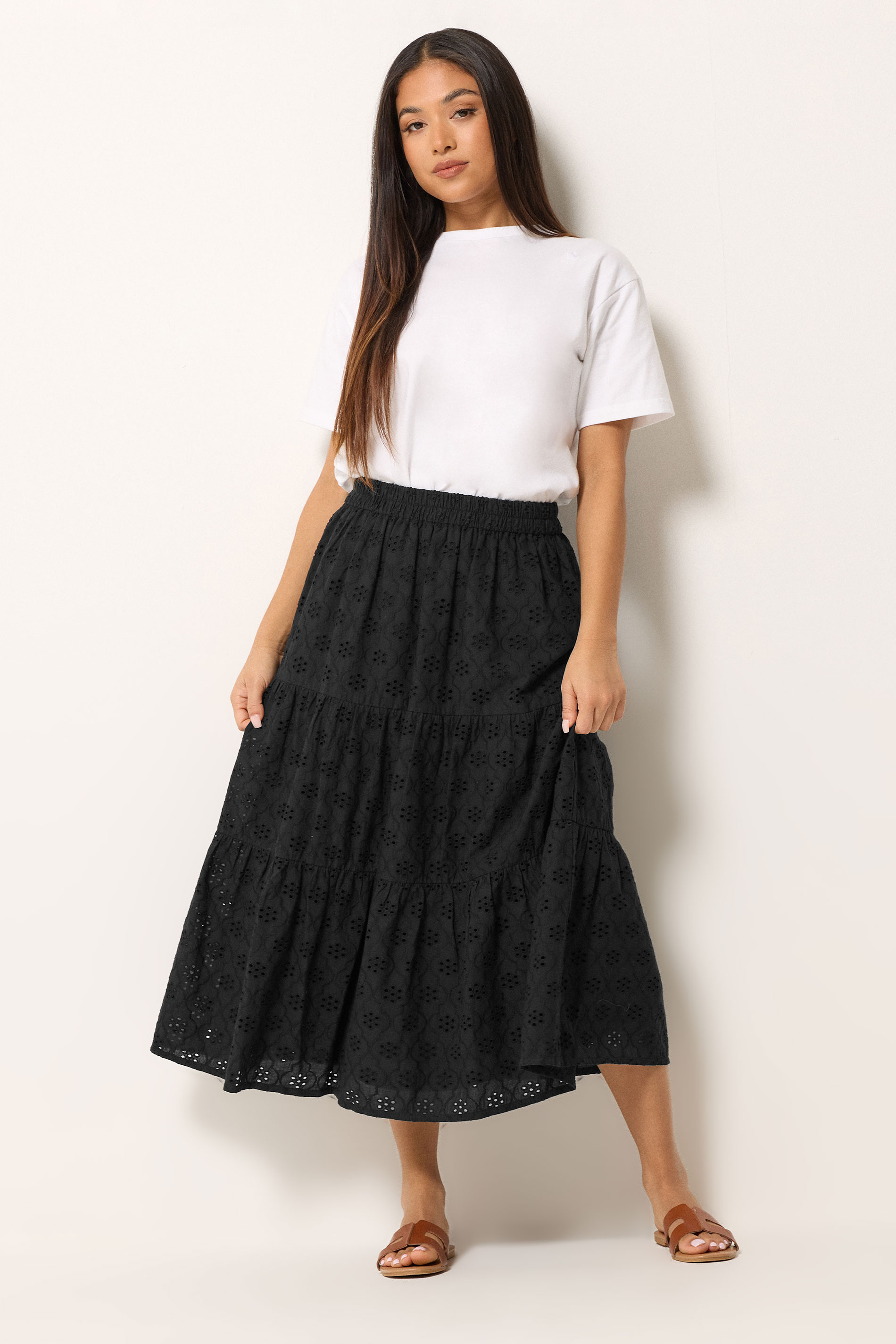 M&Co Petite Black Broderie Tiered Cotton Maxi Skirt | M&Co 1
