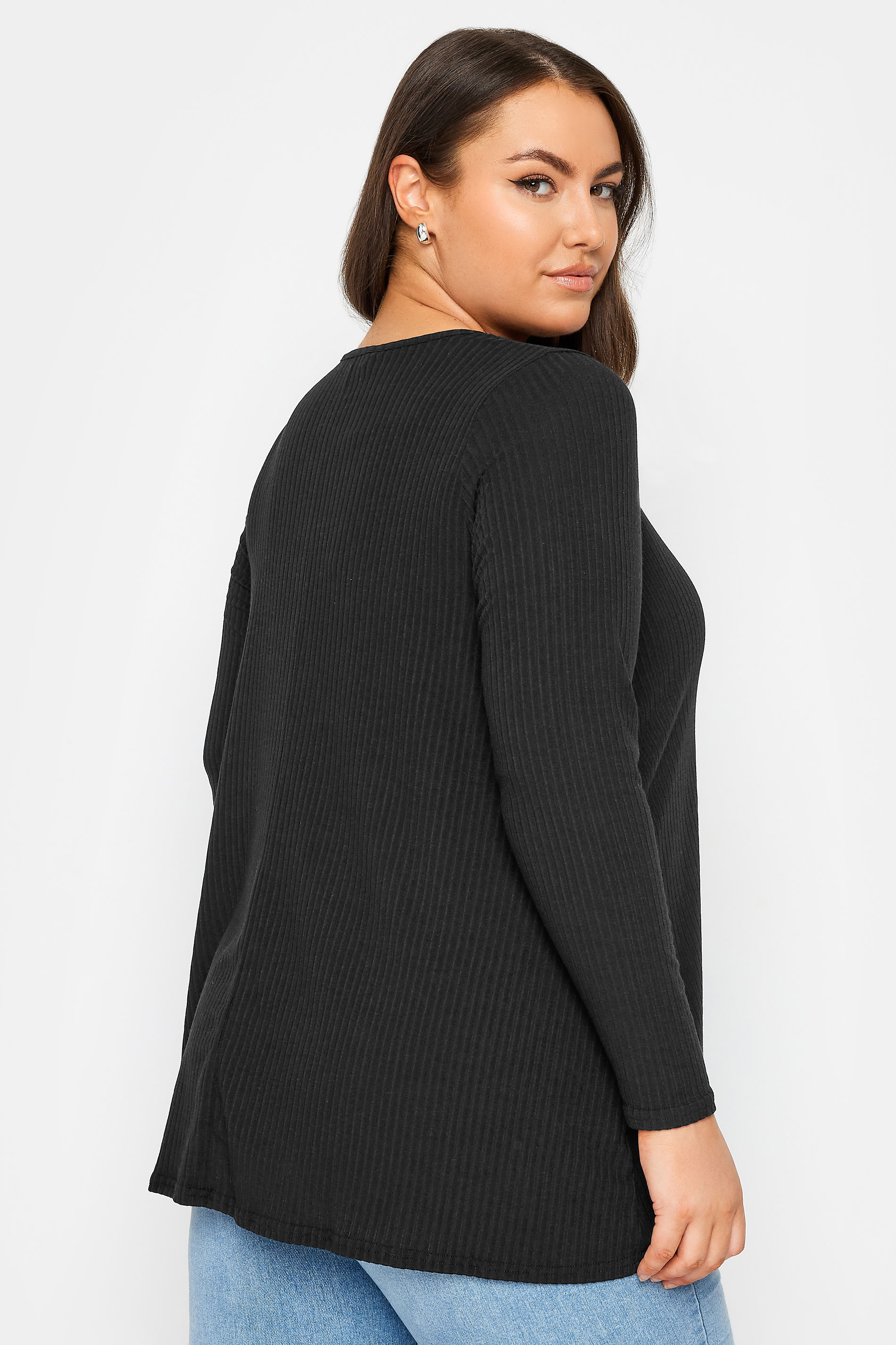 YOURS Plus Size Black Long Sleeve Ribbed Swing Top | Yours Clothing 3