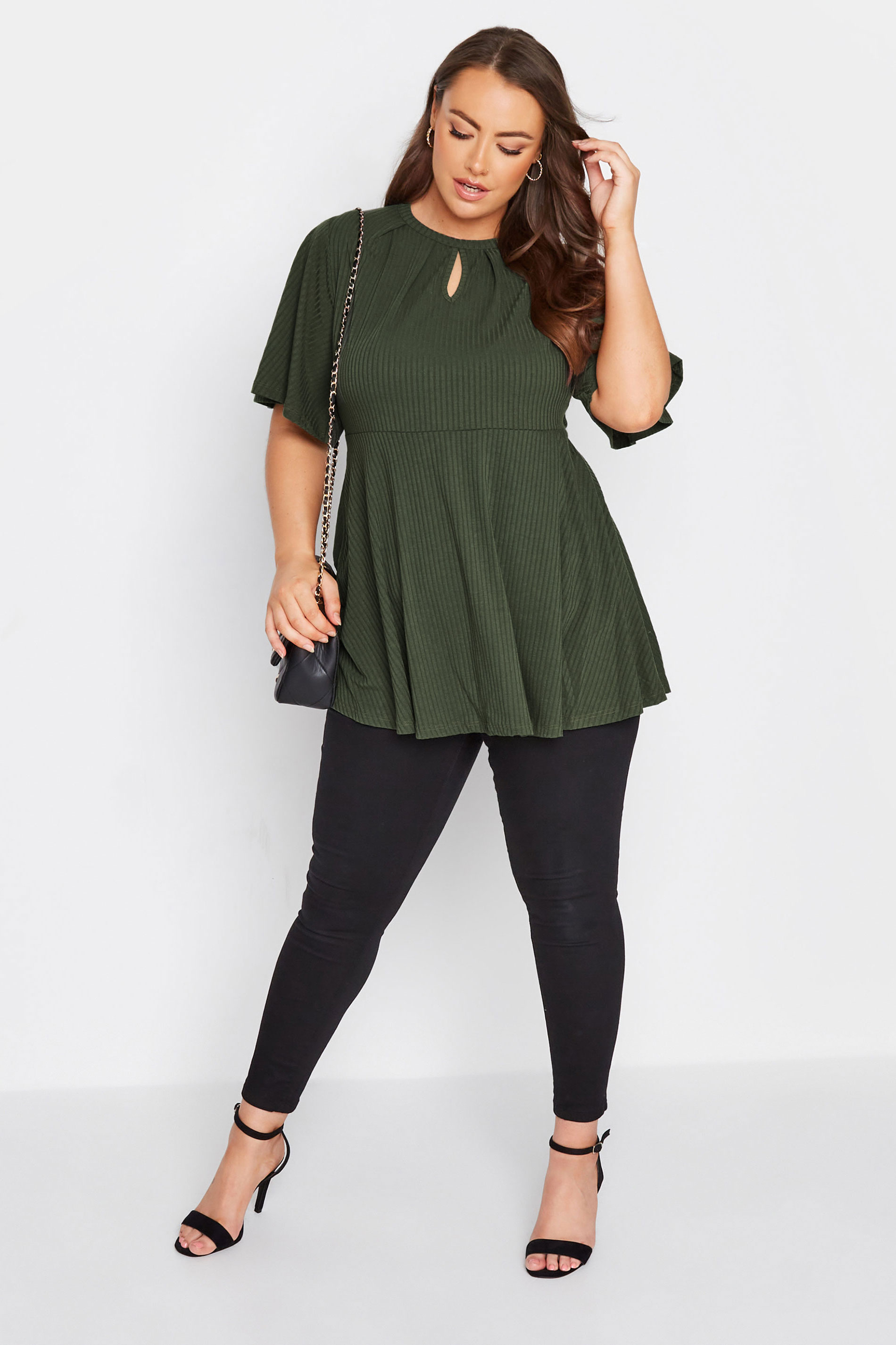 YOURS Plus Size Dark Green Keyhole Ribbed Peplum Top | Yours Clothing 2