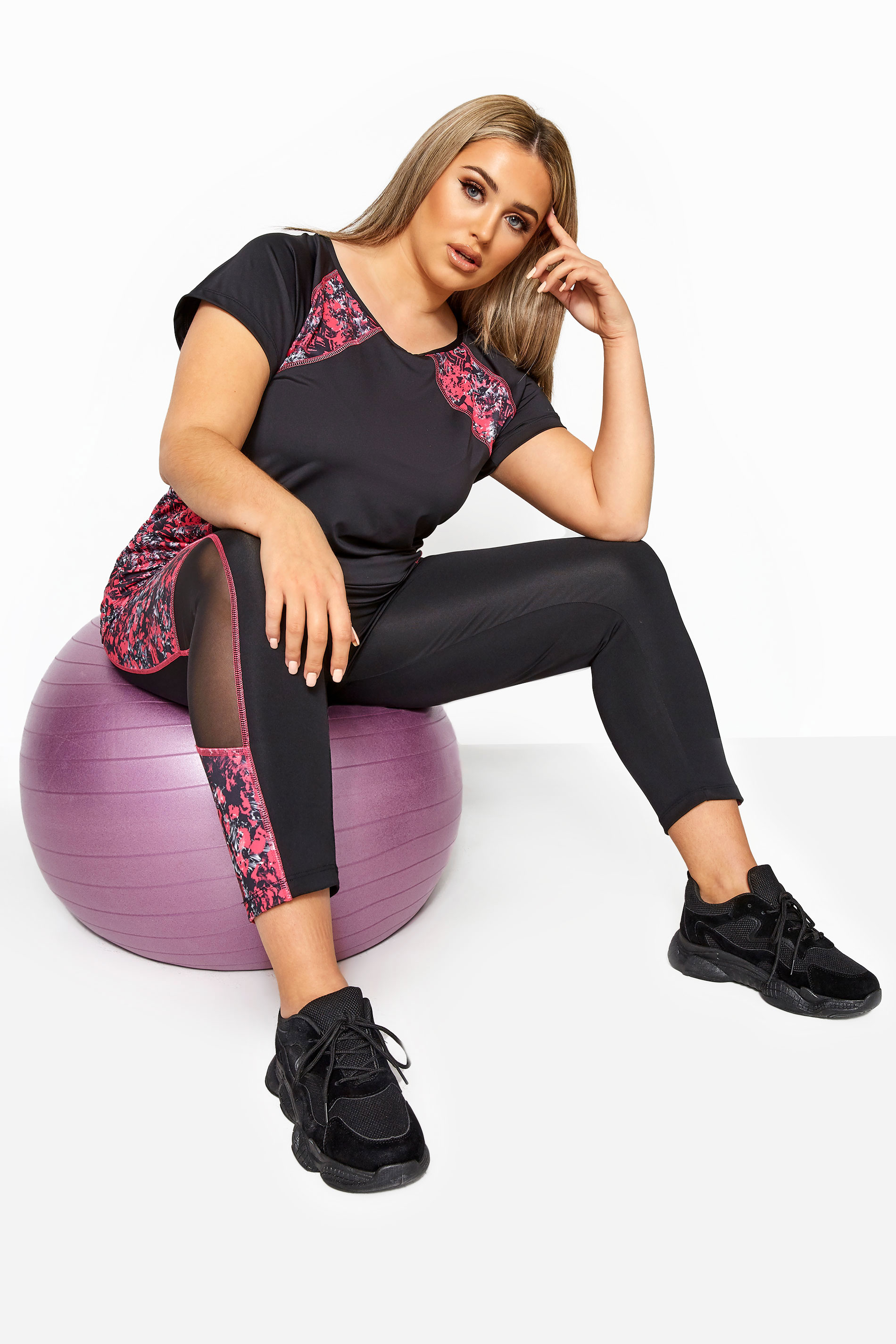 ACTIVE Black Abstract Print Mesh Panelled Leggings | Yours Clothing