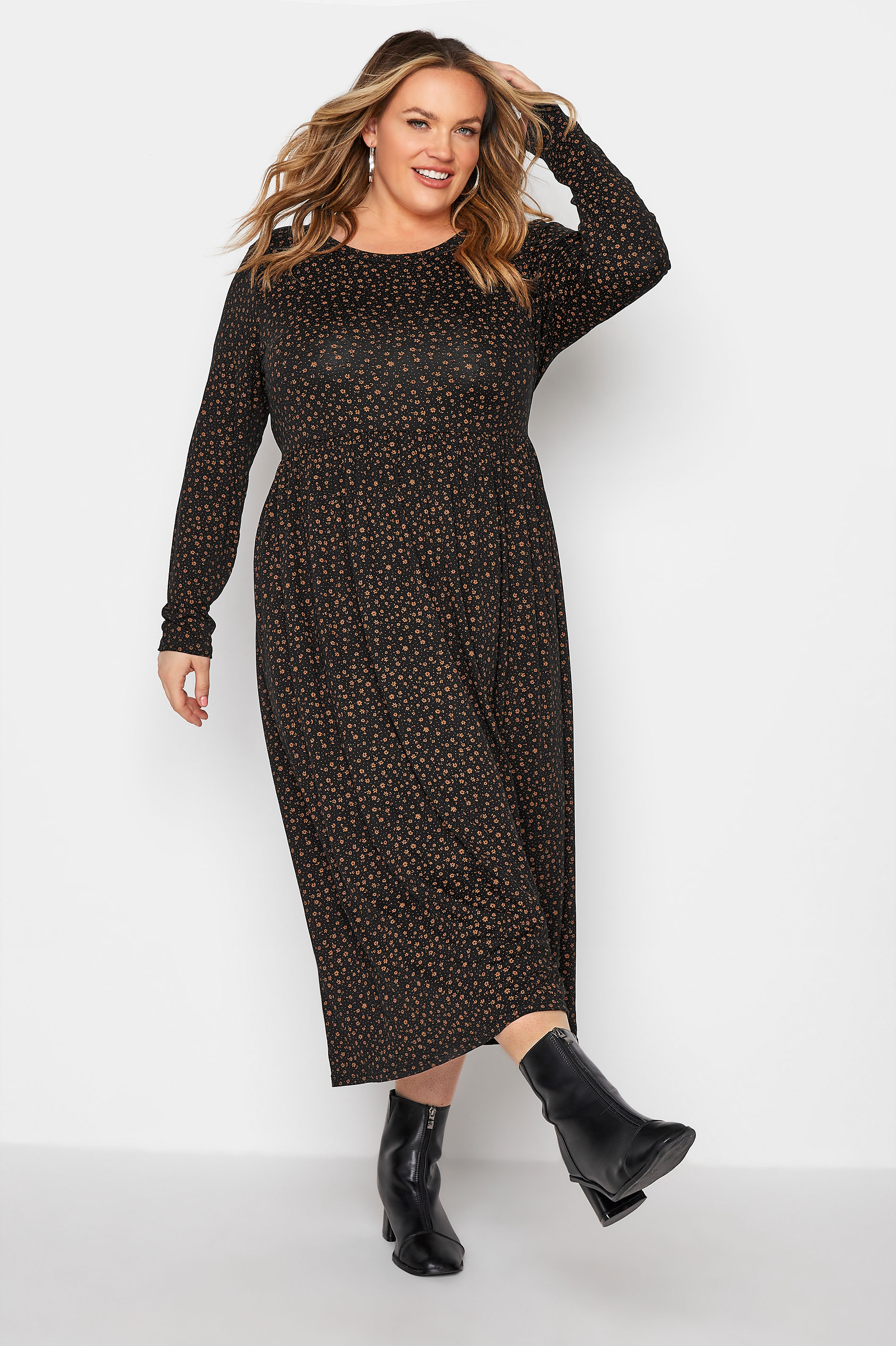LIMITED COLLECTION Brown Ditsy Print Smock Midi Dress_A.jpg