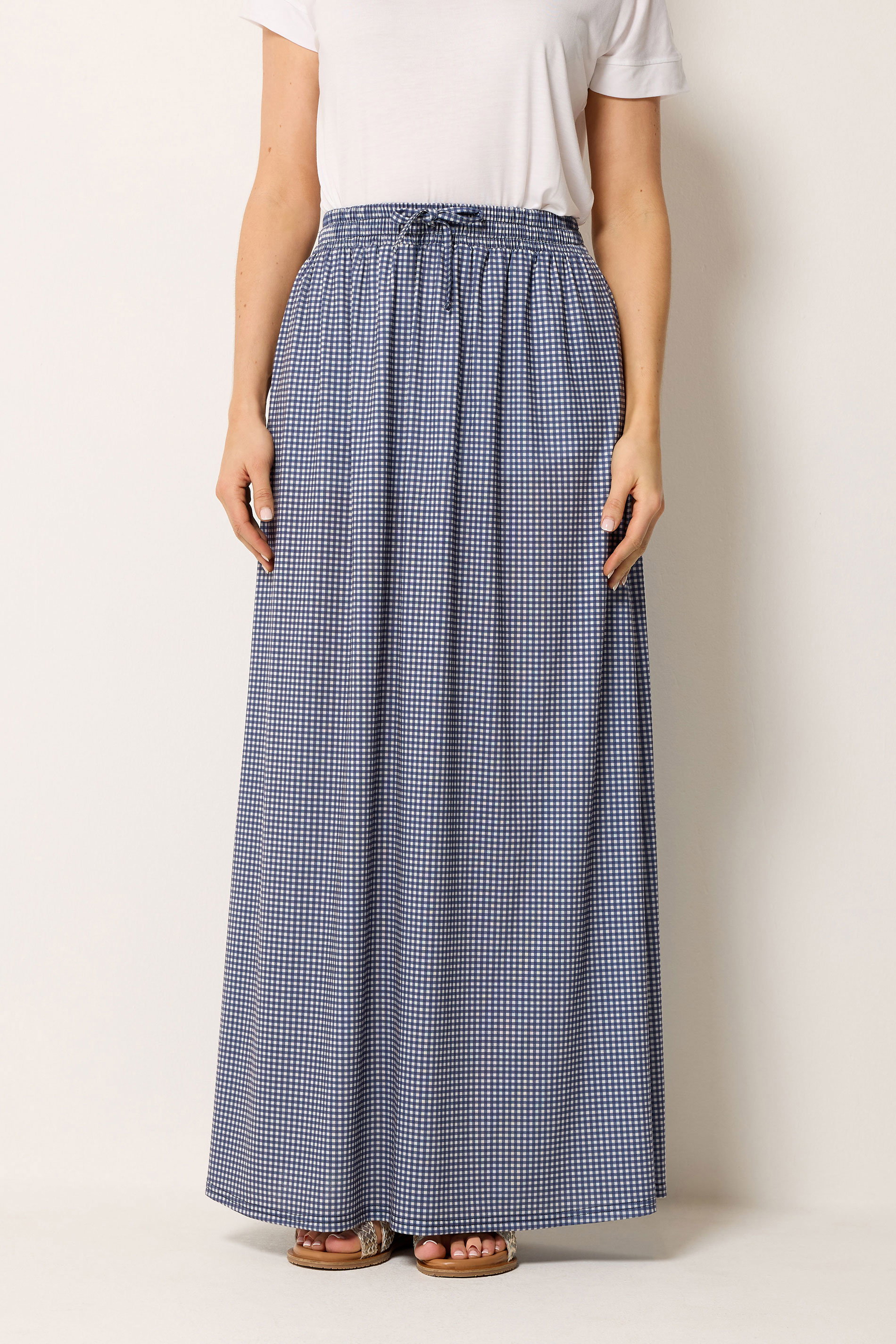 LTS Tall Women's Navy Blue Gingham Shirred Maxi Skirt | Long Tall Sally 1