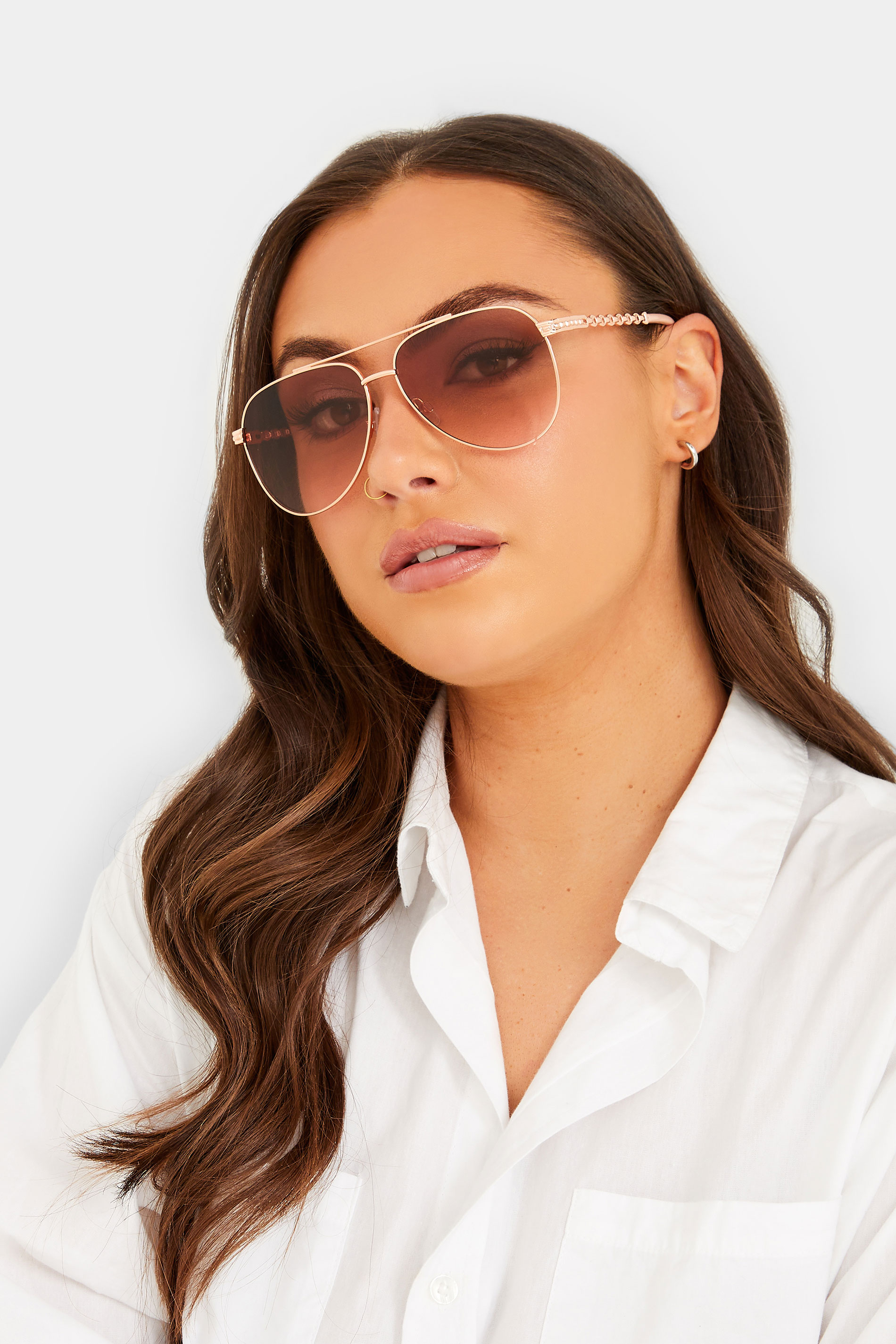 Rose Gold Chain Aviator Sunglasses | Yours Clothing 1