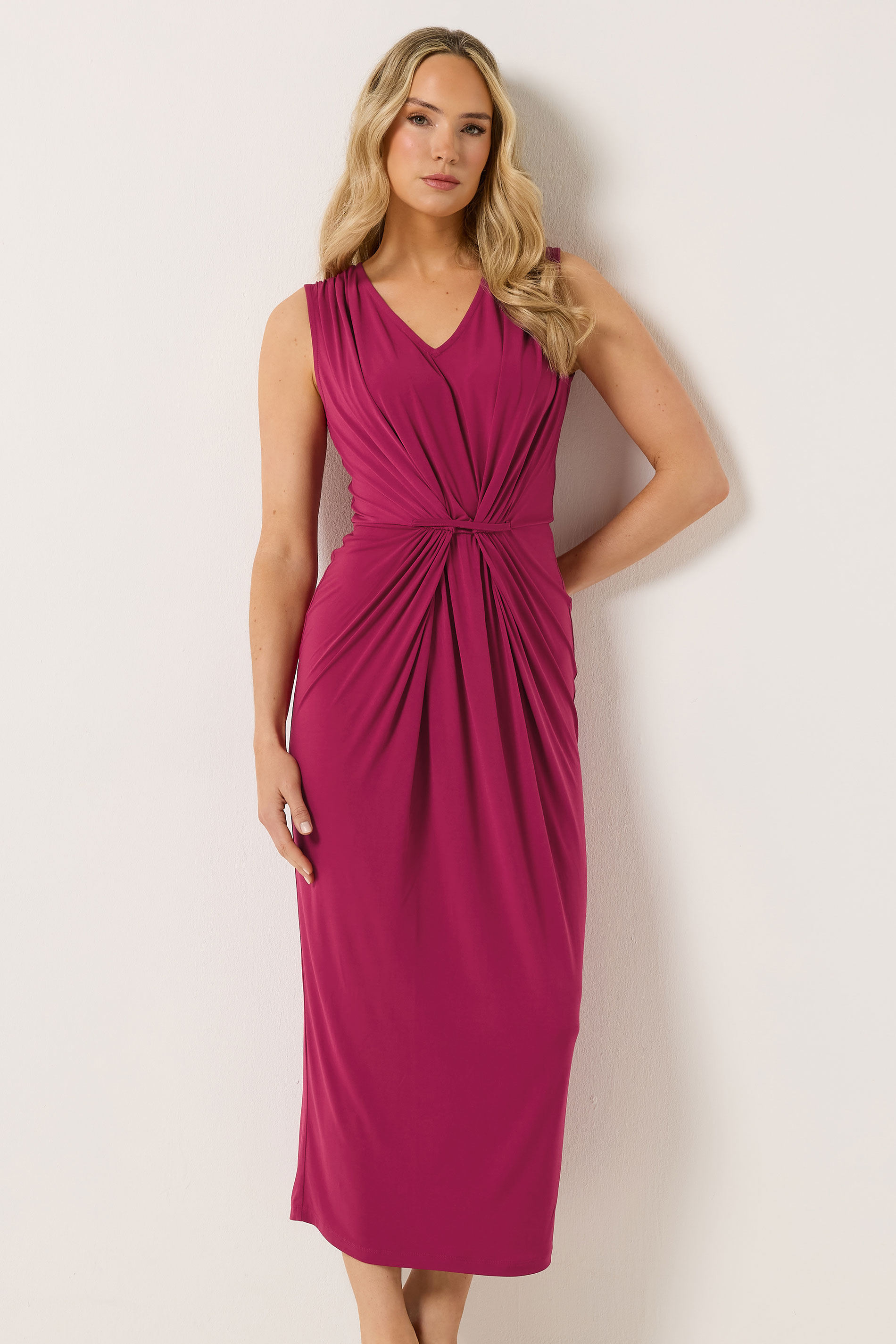 LTS Tall Women's Berry Red Gathered Front Midi Dress | Long Tall Sally 3