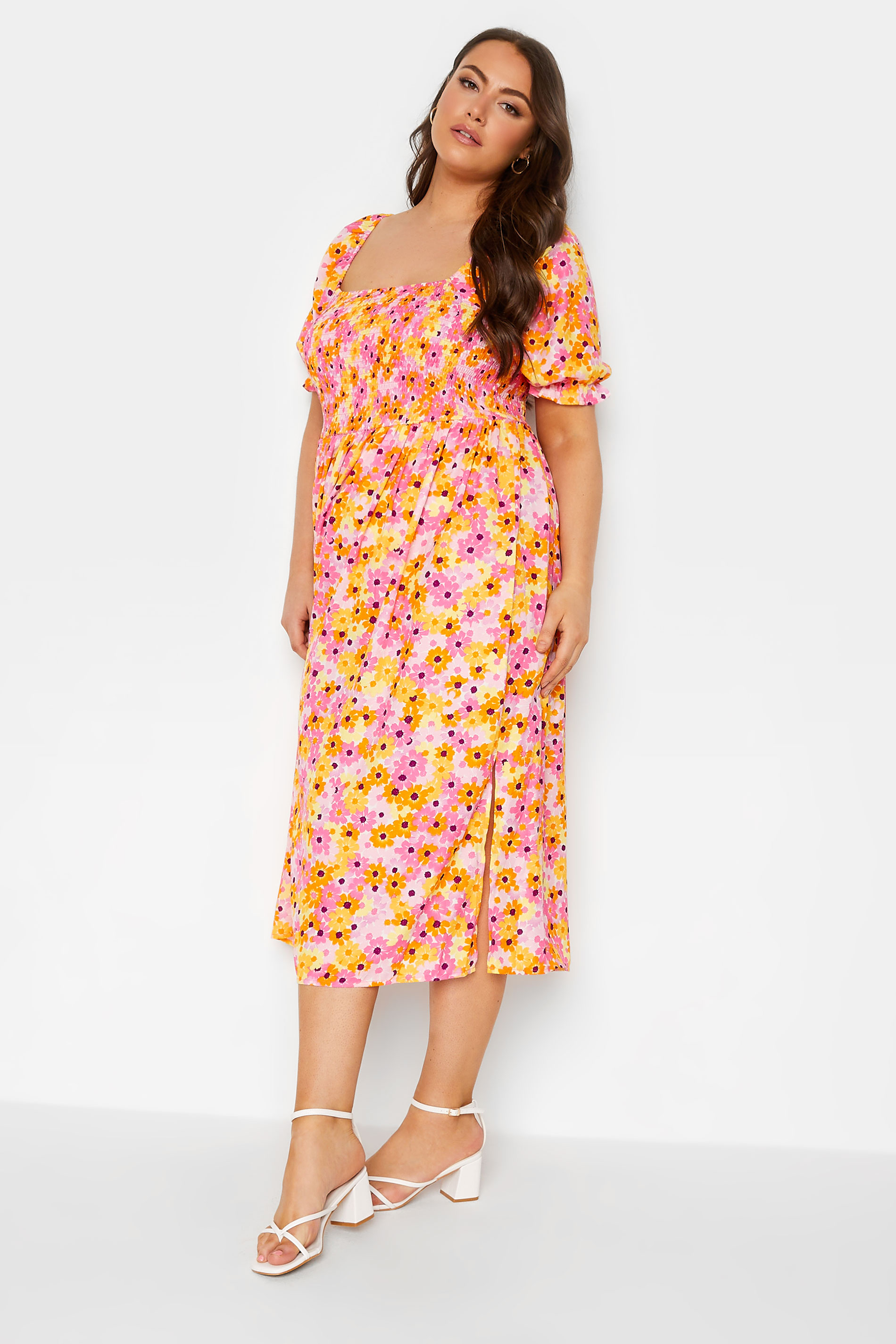 YOURS Plus Size Curve Pink Floral Print Shirred Midaxi Dress | Yours Clothing  2
