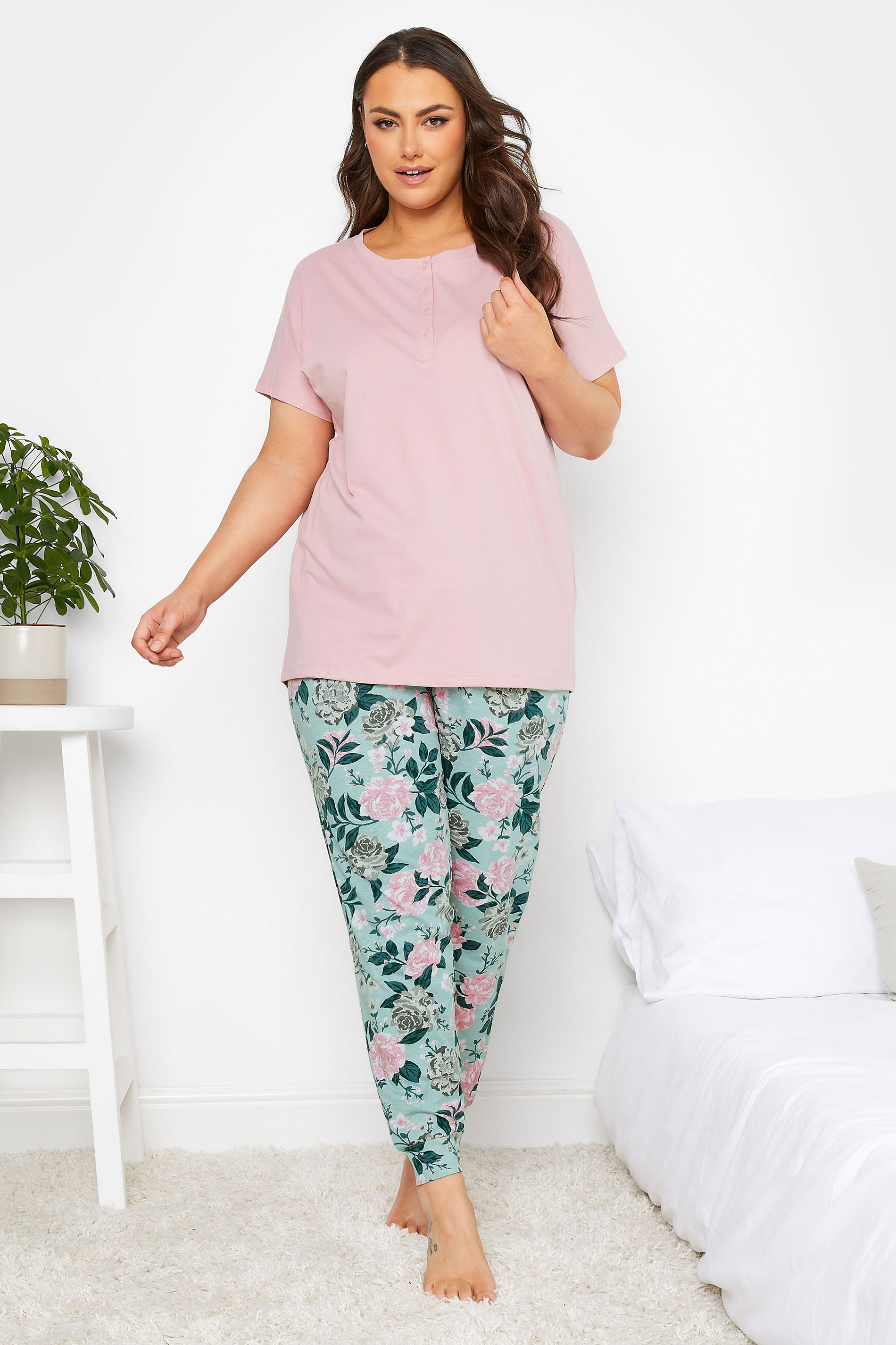 YOURS Plus Size Green Floral Cuffed Pyjama Bottoms | Yours Clothing  2