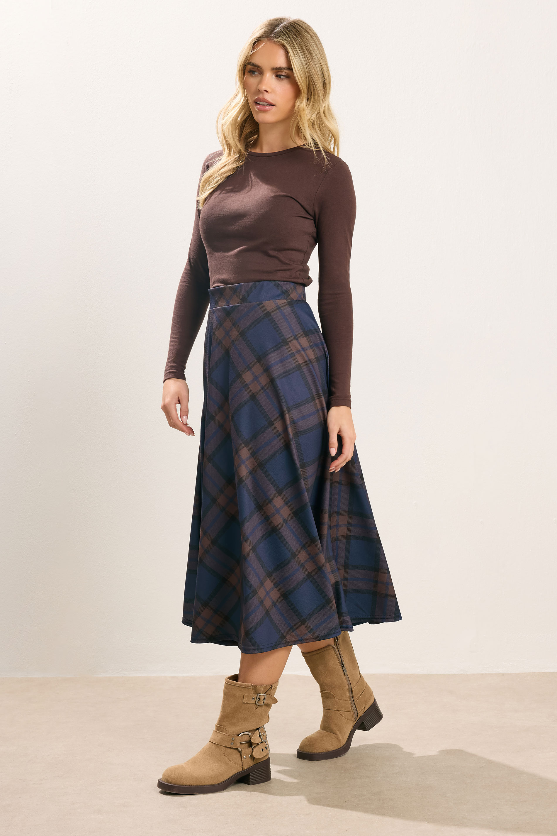 PixieGirl Petite Women's Brown & Blue Check Midi Skirt | PixieGirl 3