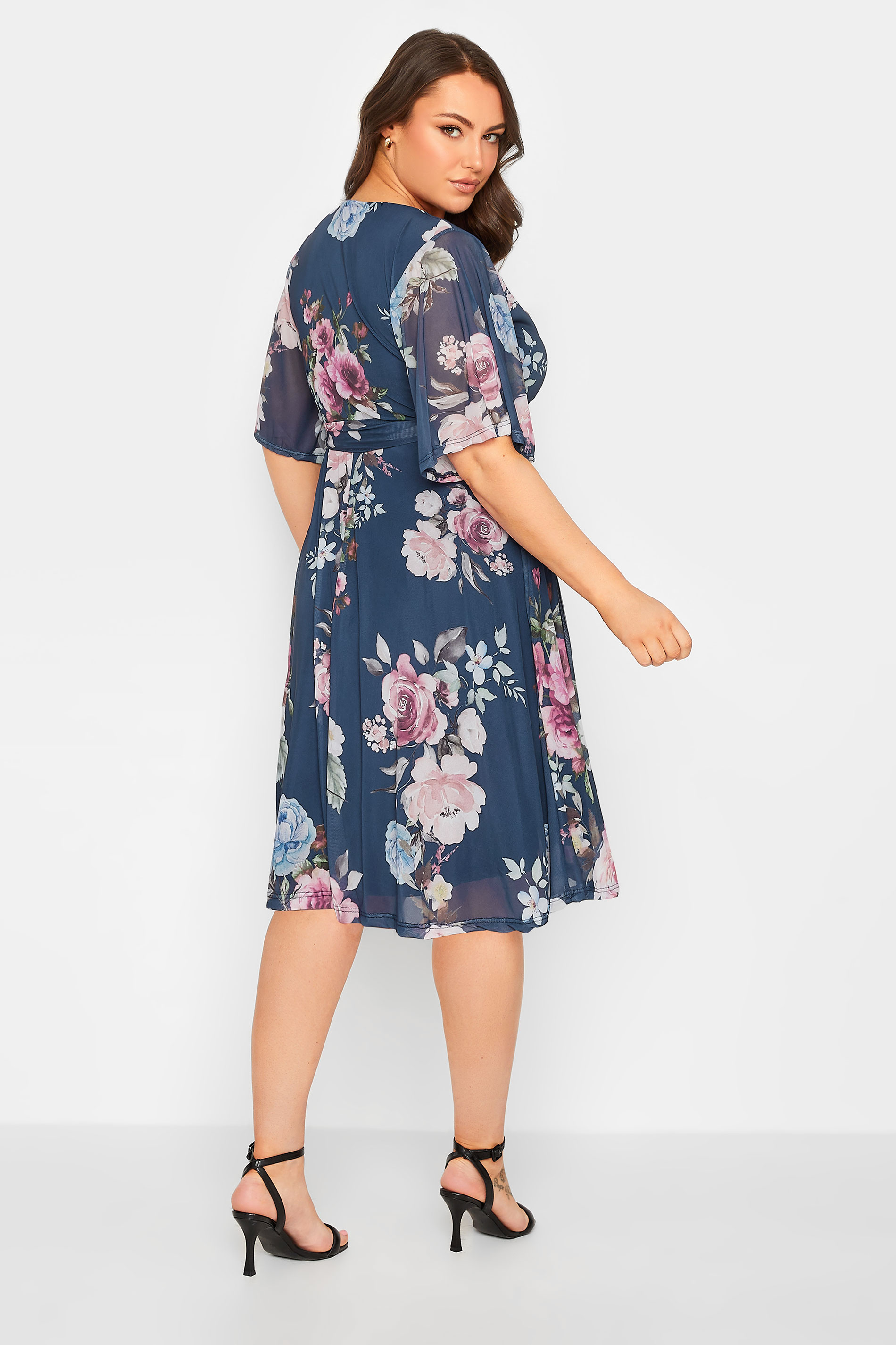 YOURS PETITE Plus Size Navy Blue Floral Print Mesh Midi Wrap Dress | Yours Clothing 3