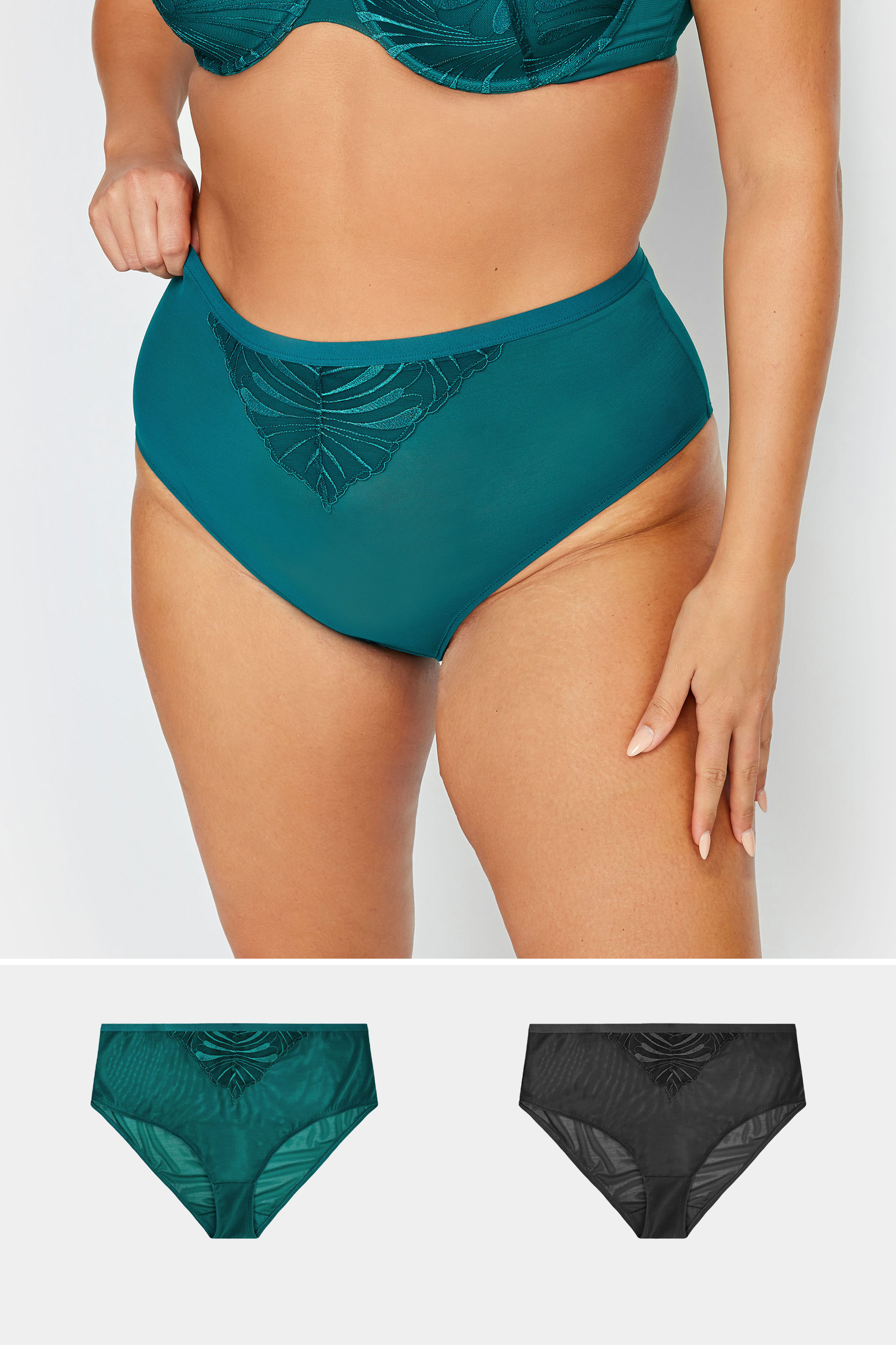 YOURS Plus Size 2 PACK Black & Green Leaf Embossed High Waisted Briefs | Yours Clothing 1