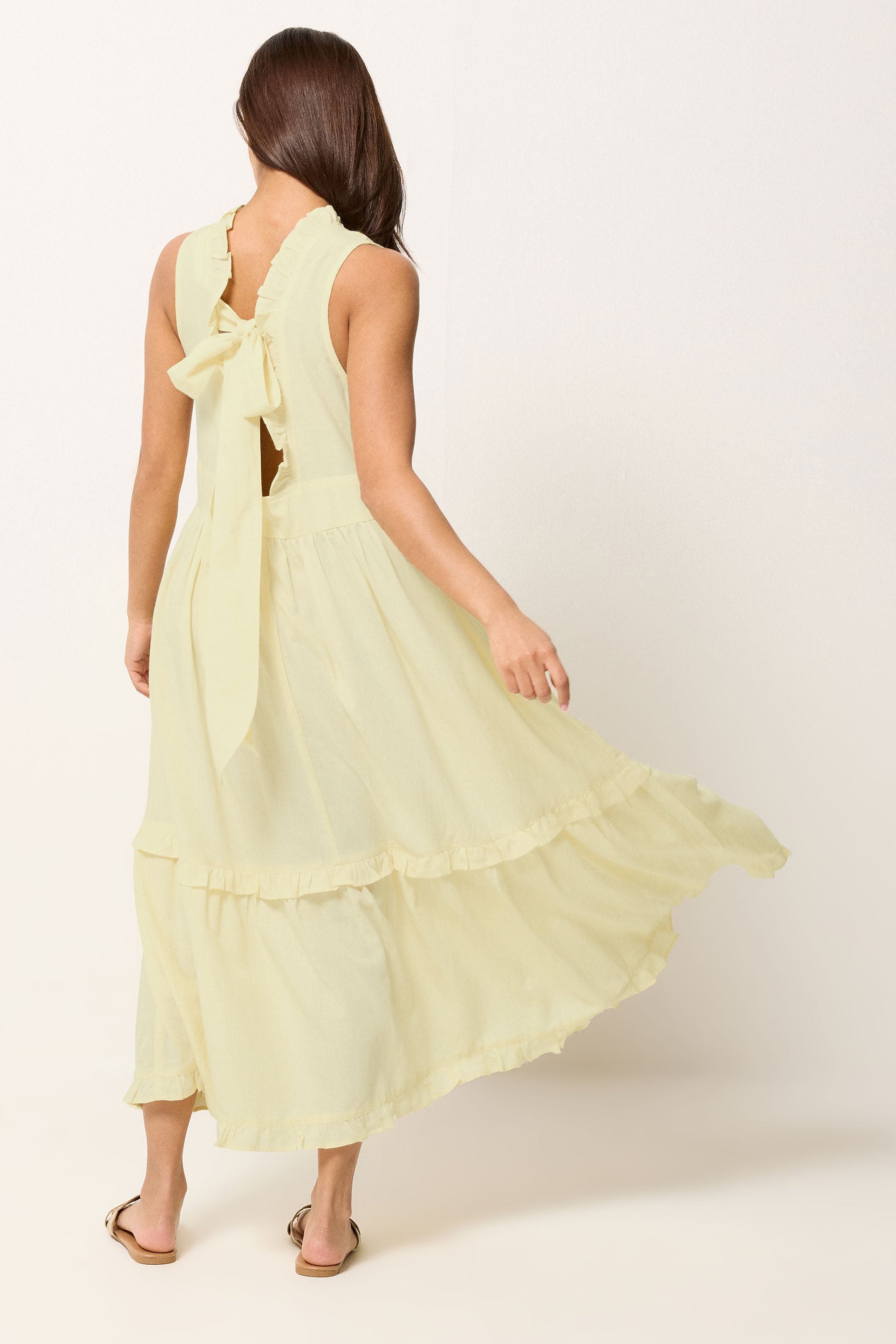 PixieGirl Petite Women's Yellow Ruffle Tie Back Midi Dress | PixieGirl 2