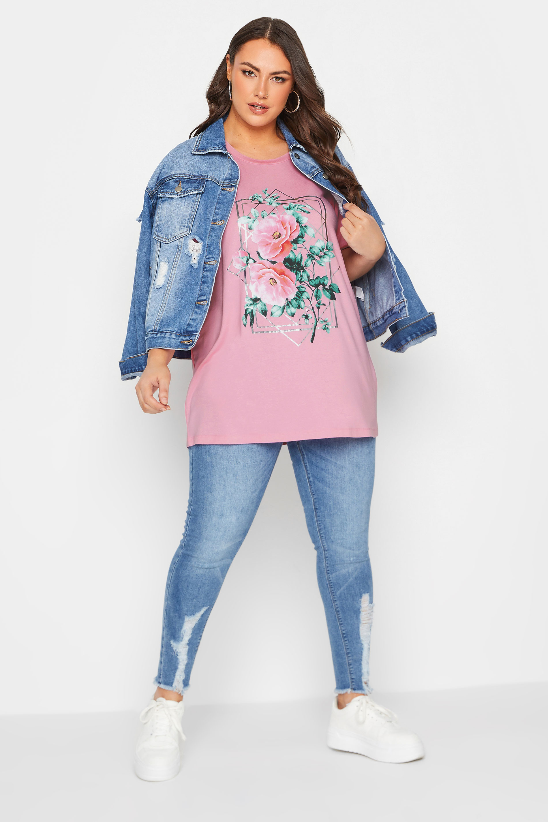 YOURS Curve Pink Floral Foil Print T-Shirt | Yours Clothing  2