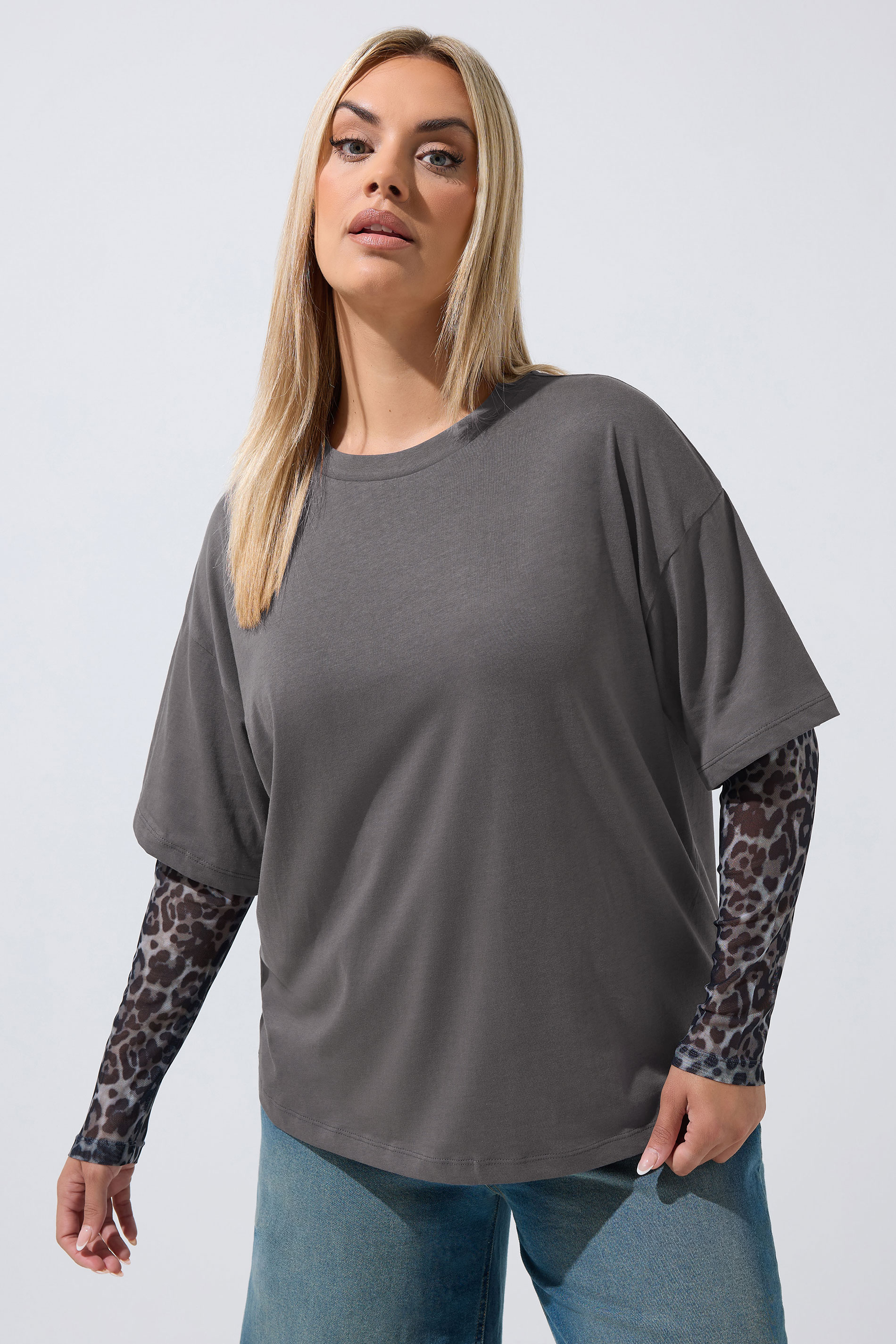 Limited Collection Grijs 2In1 Tshirt Met Luipaardprint En Mesh Mouwen Size 38