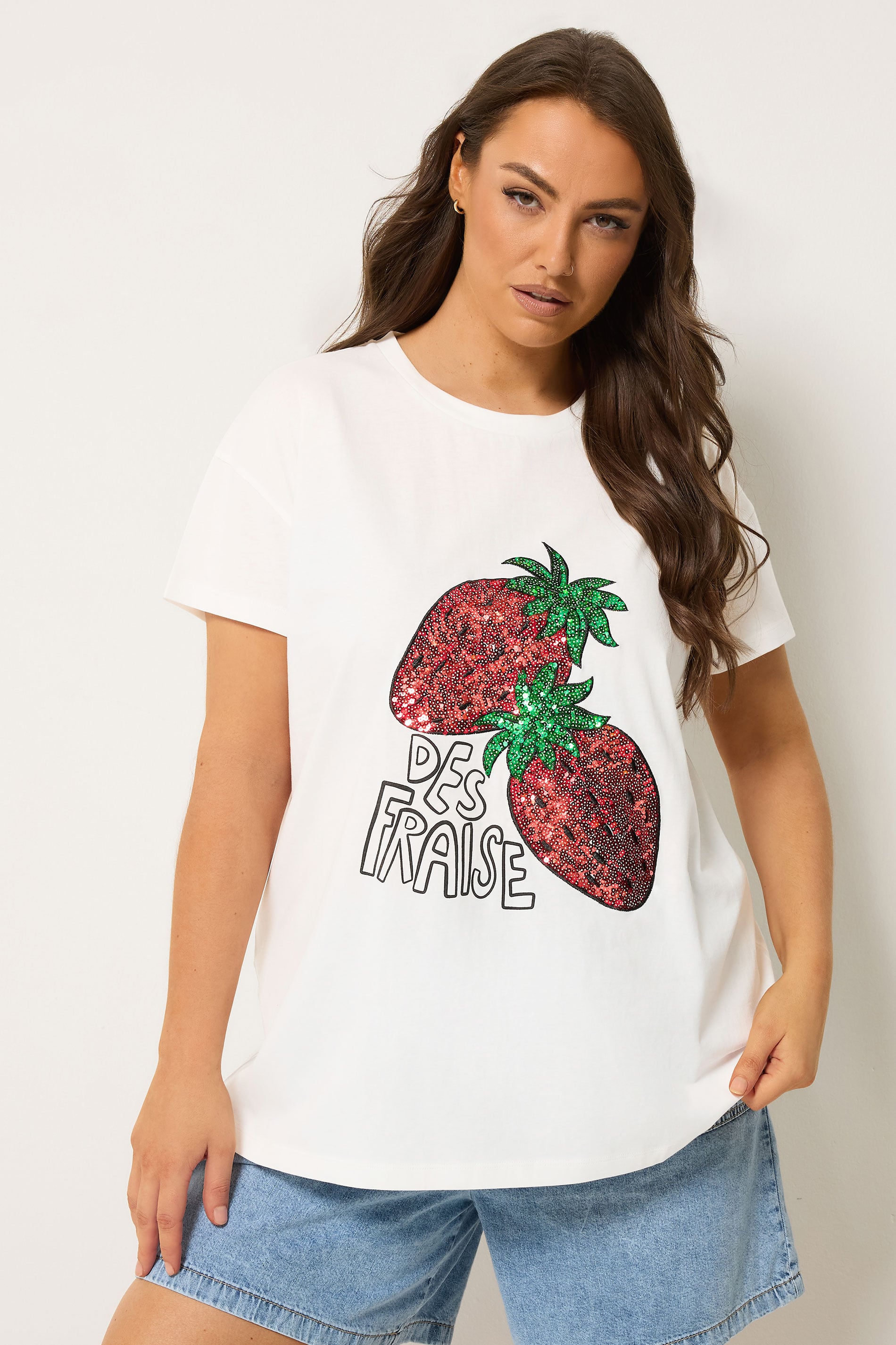 Yours Plus Size White Sequin Embellished Strawberry T-Shirt | Yours Clothing 3