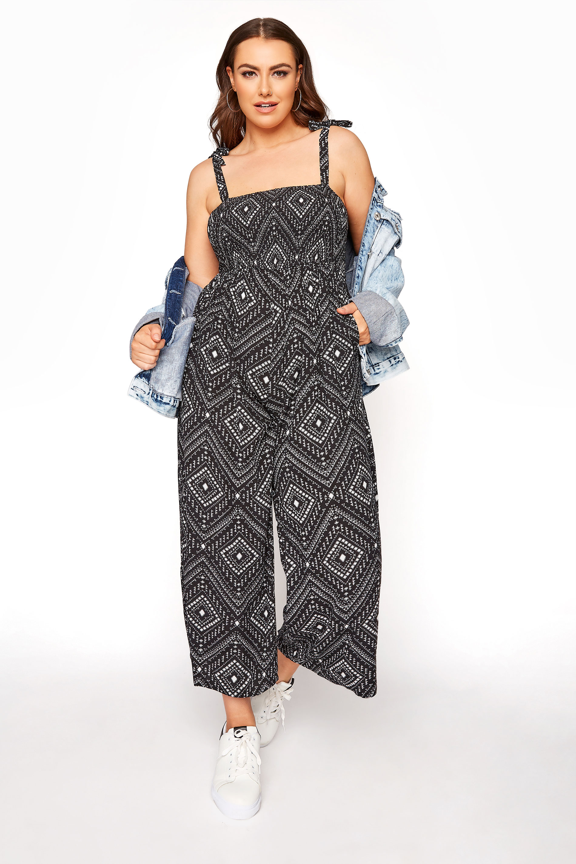 Black Aztec Shirred Bardot Jumpsuit