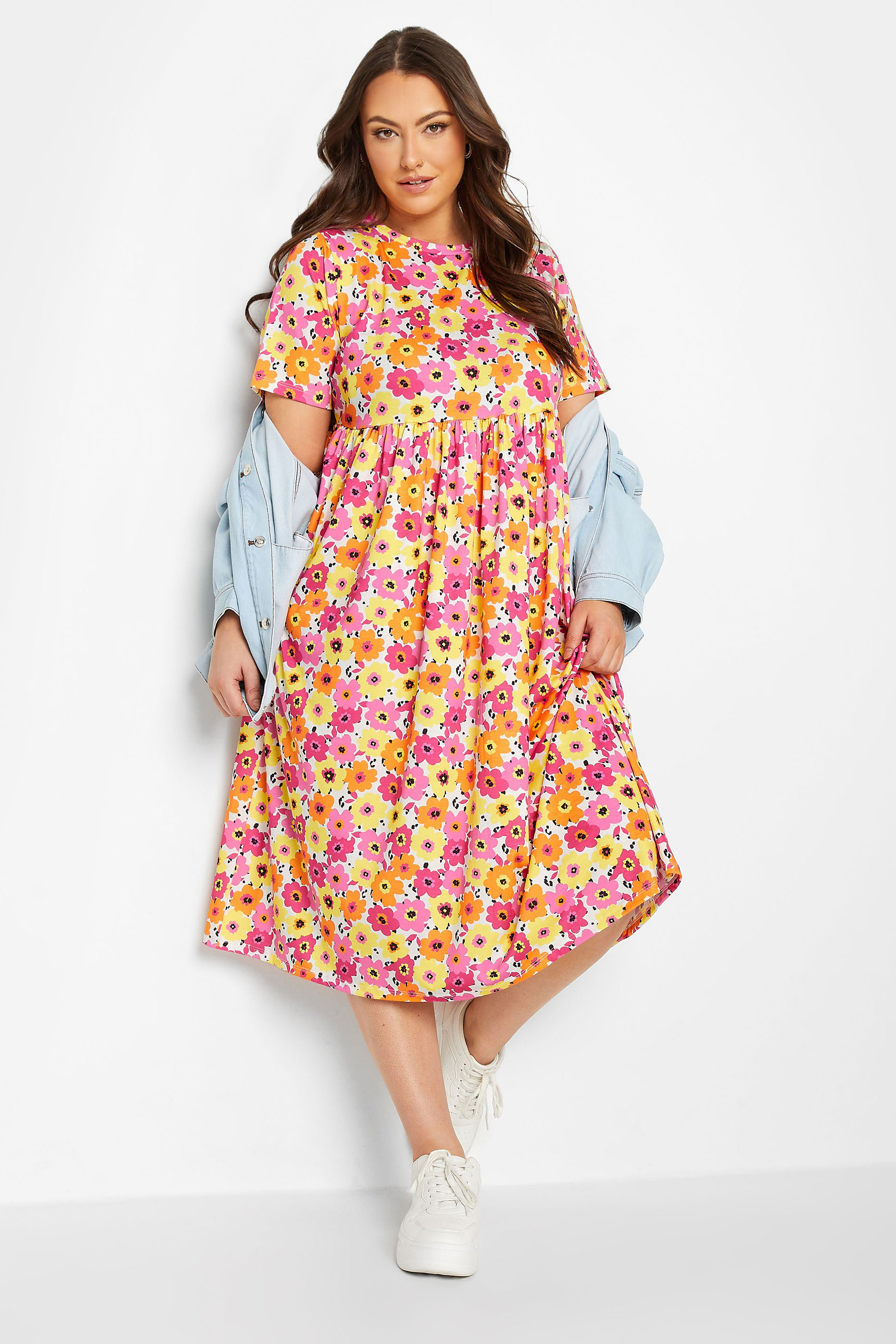 YOURS Plus Size Pink & Yellow Floral Midi Smock Dress | Yours Clothing 1
