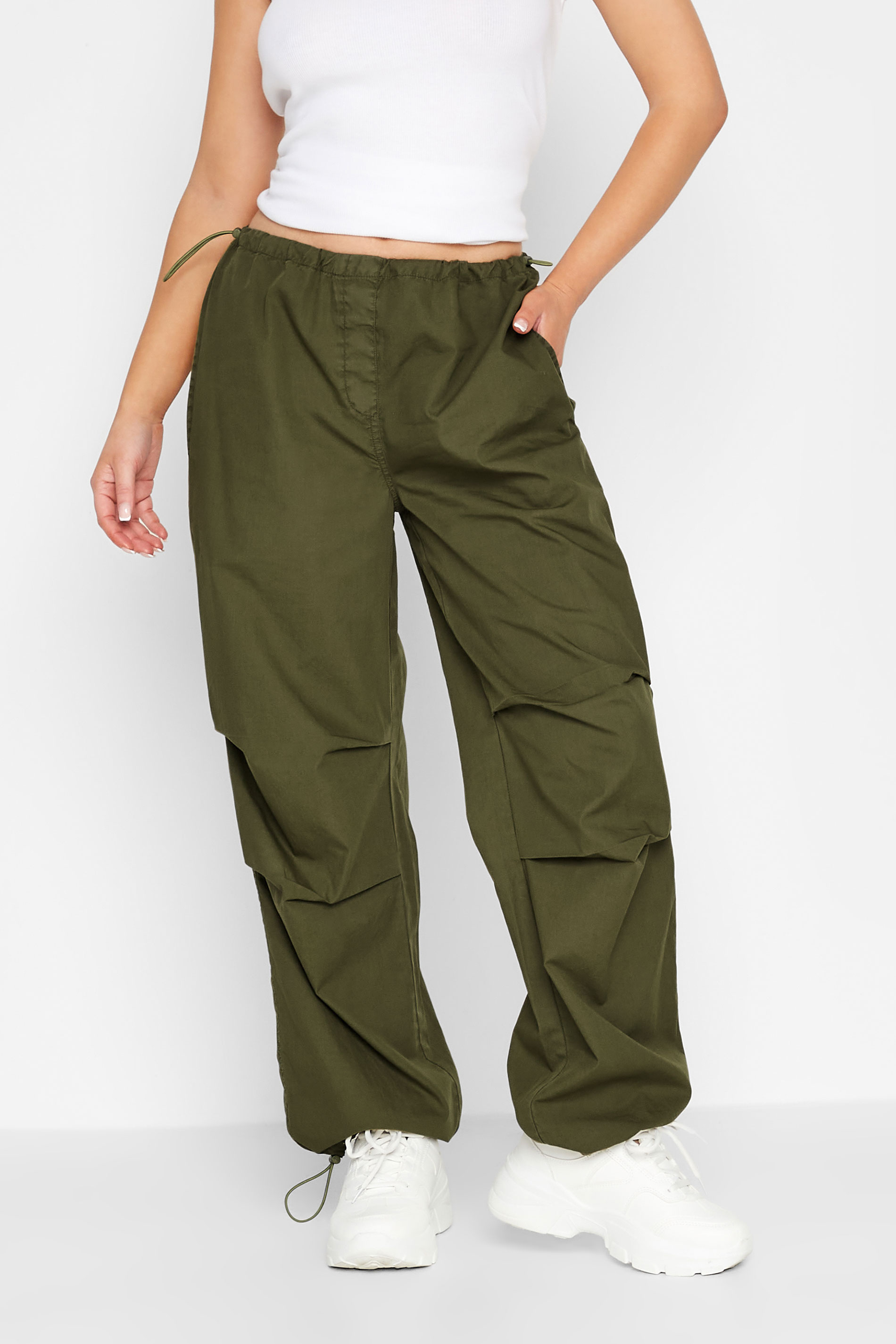 Petite Khaki Green Parachute Trousers | PixieGirl 1