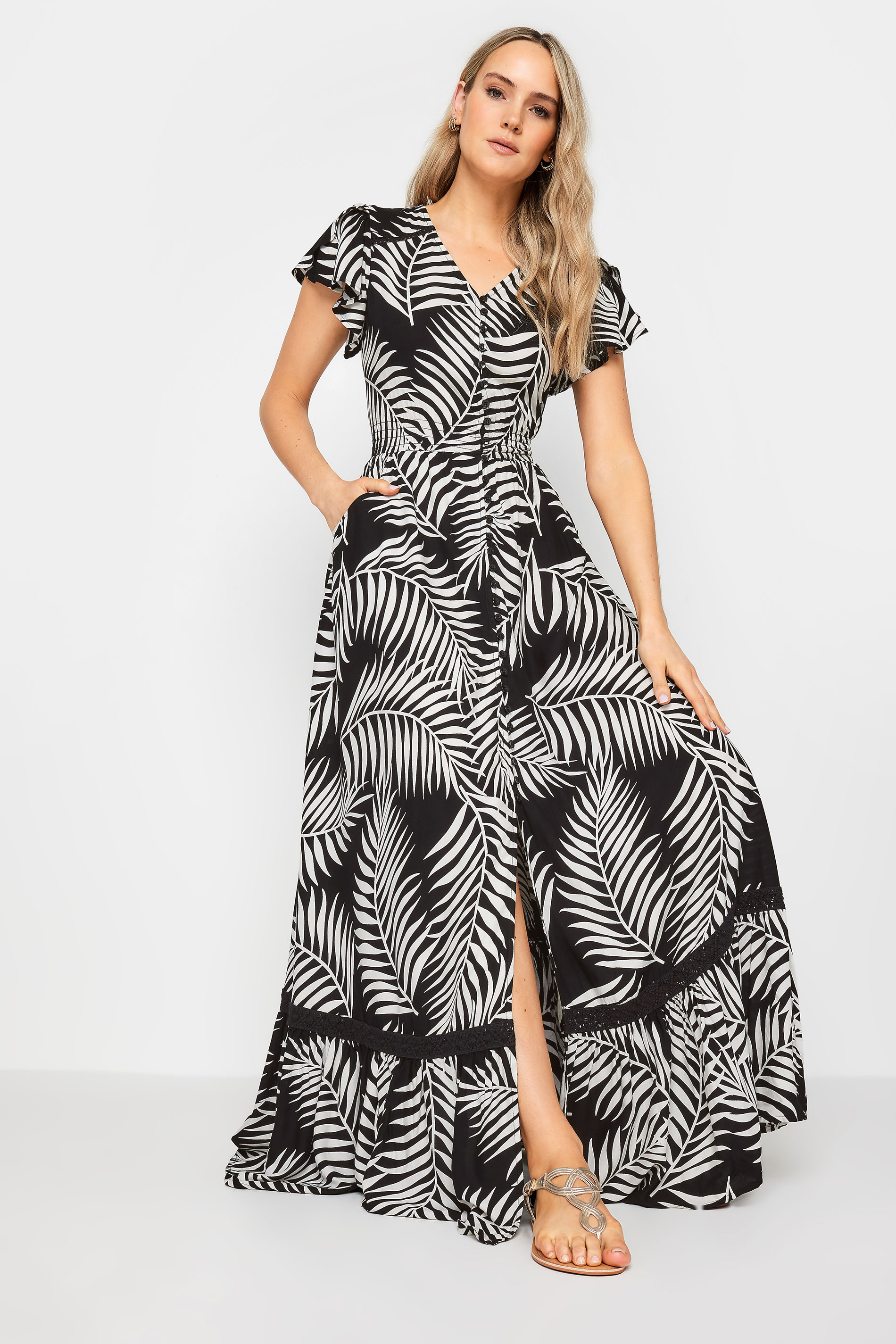LTS Tall Womens Black & White Tropical Print Front Split Maxi Dress | Long Tall Sally 2