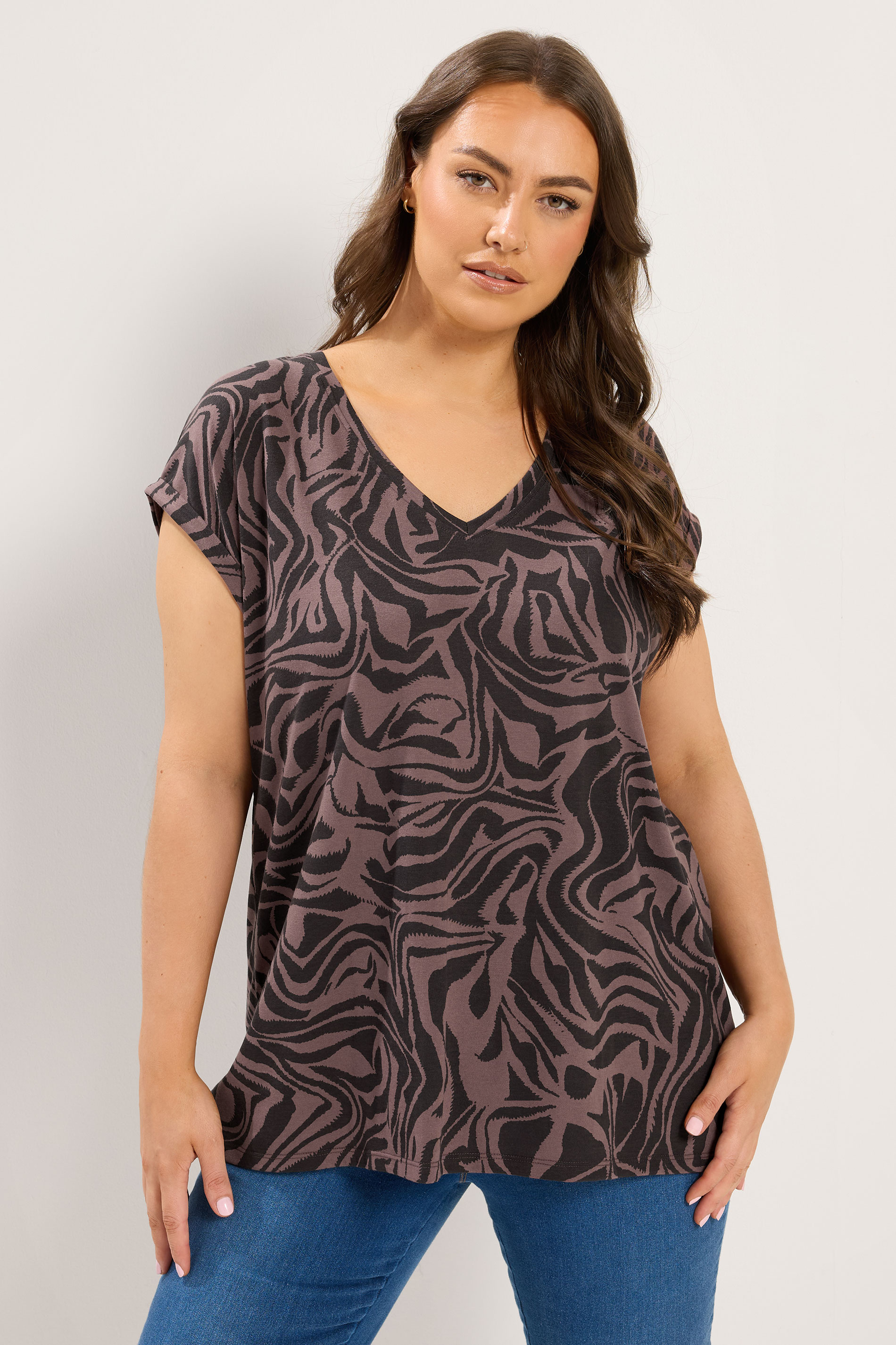 YOURS Plus Size Brown Zebra Print V-Neck T-Shirt | Yours Clothing 3