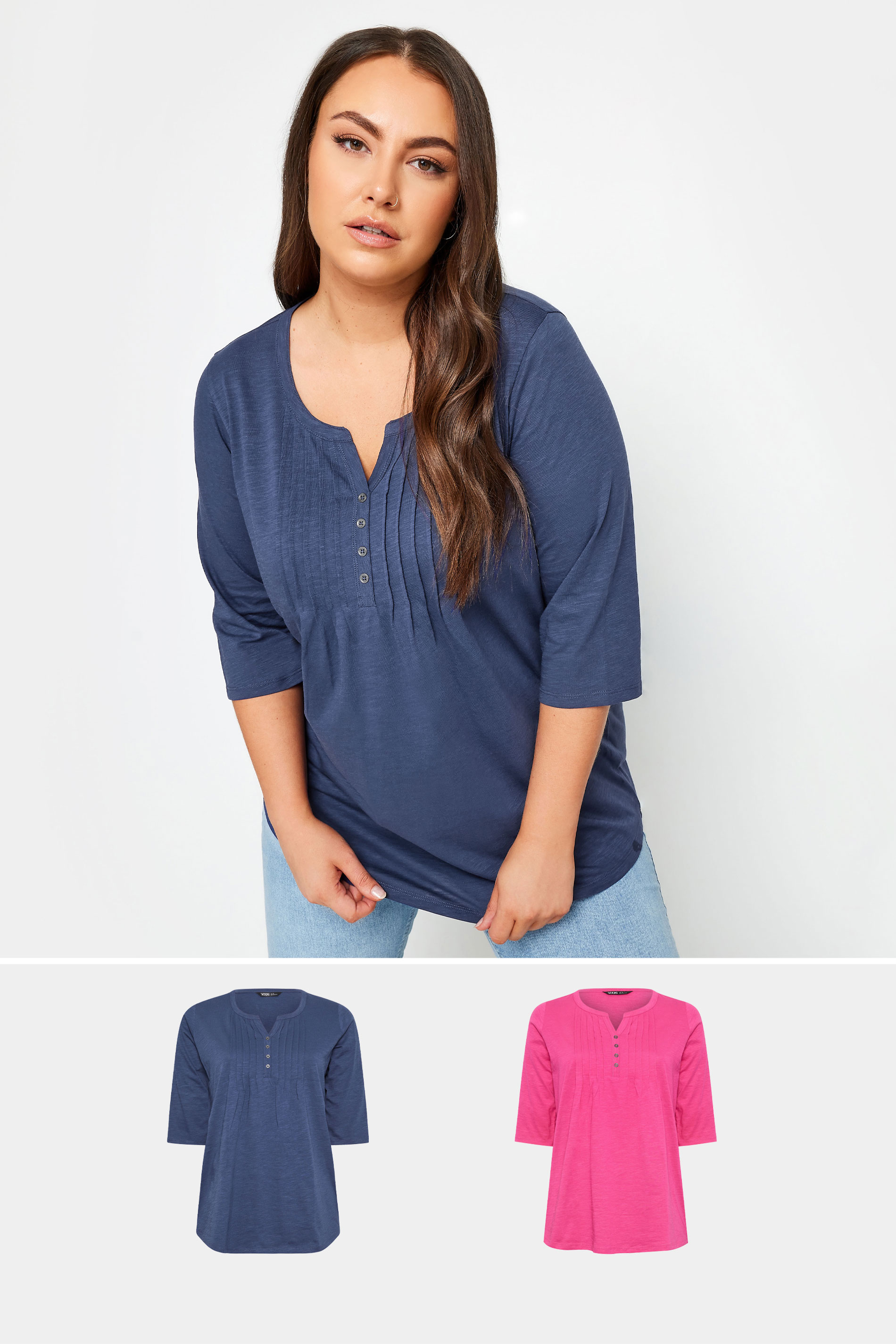 2 PACK Blue & Pink Pintuck Henley Tops | Yours Clothing  1