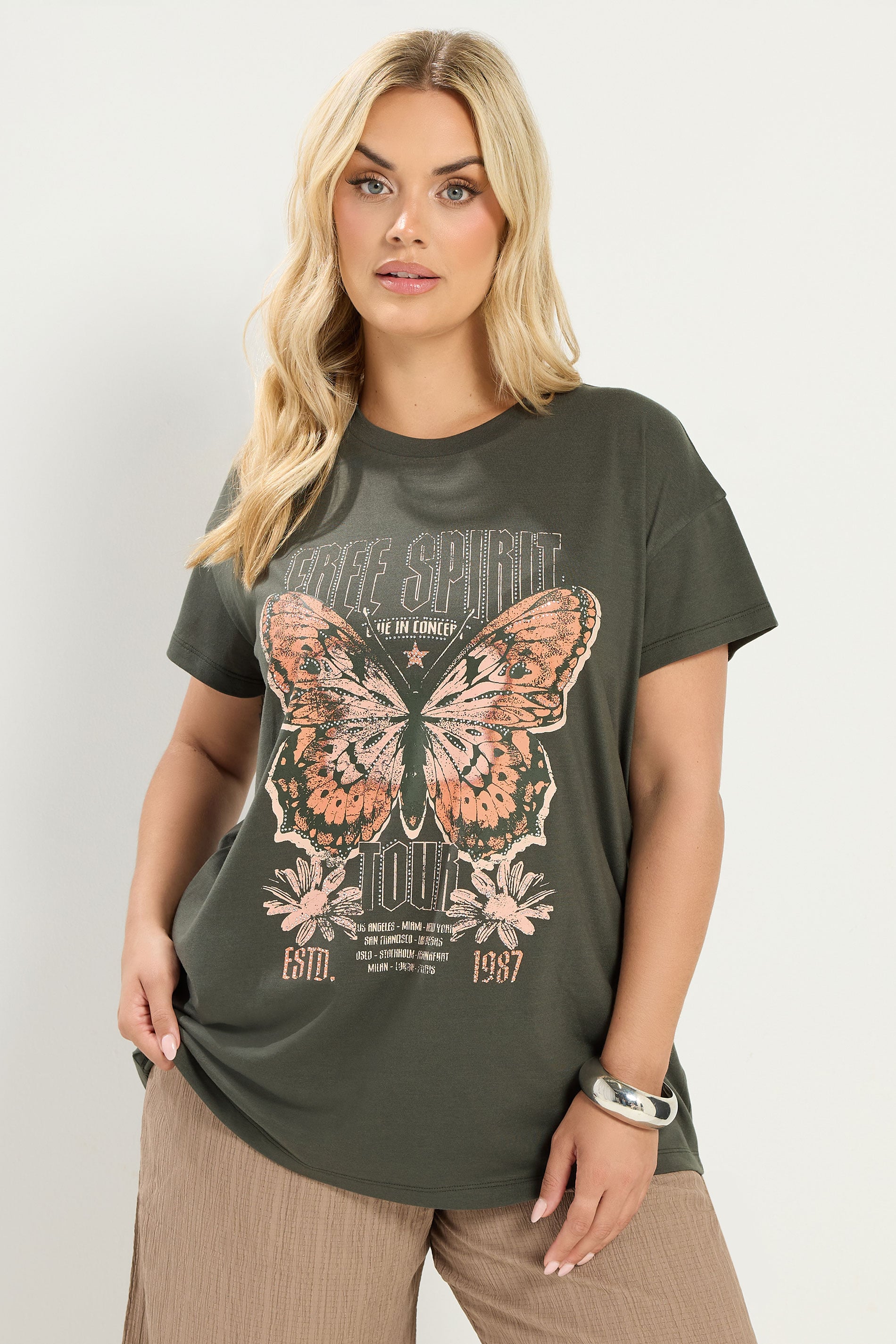 YOURS Plus Size Khaki Green 'Free Spirit' Butterfly Embellished T-Shirt | Yours Clothing 3