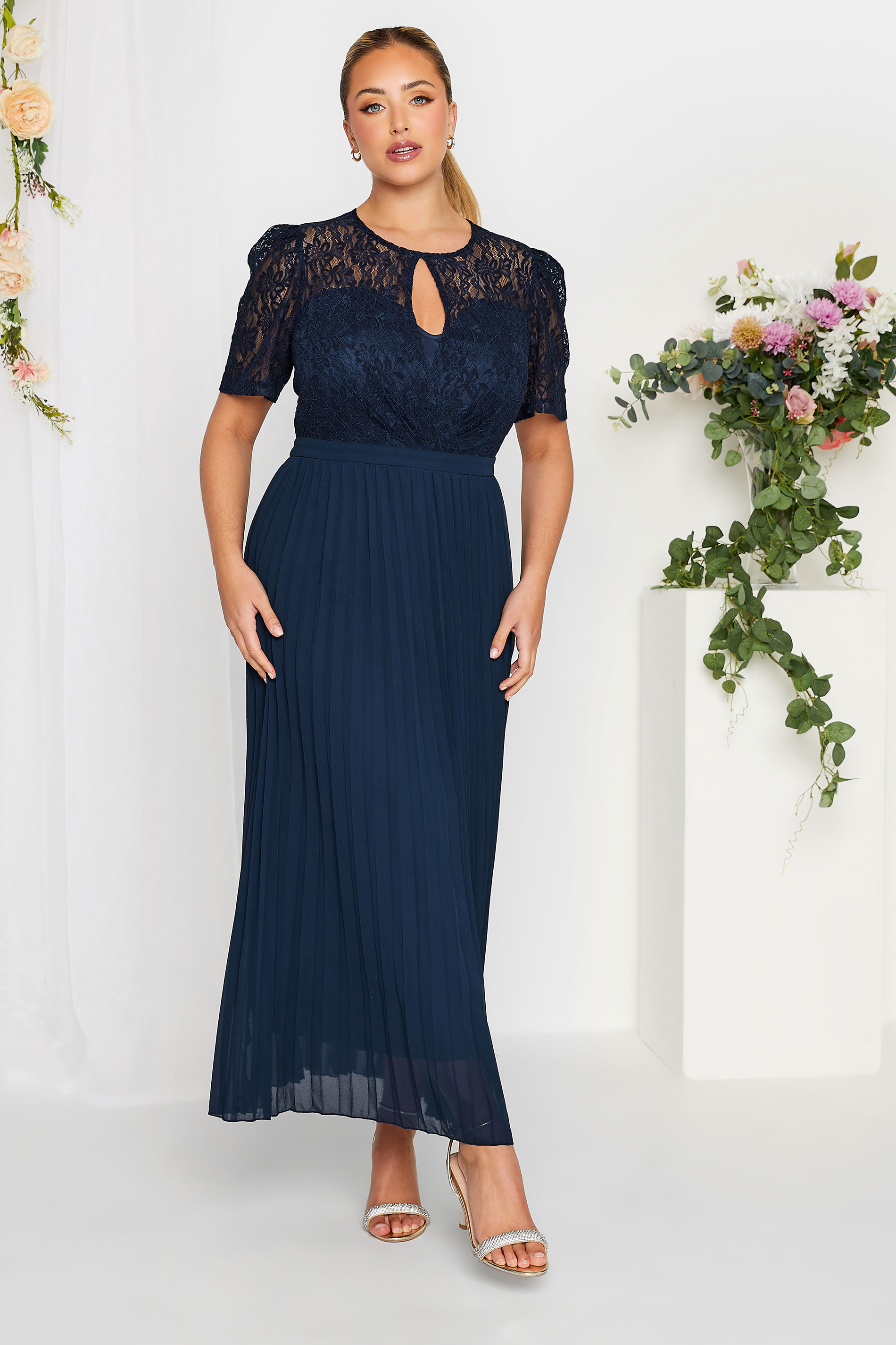 YOURS LONDON Plus Size Navy Blue Lace Puff Sleeve Pleated Maxi Dress | Yours Clothing 1