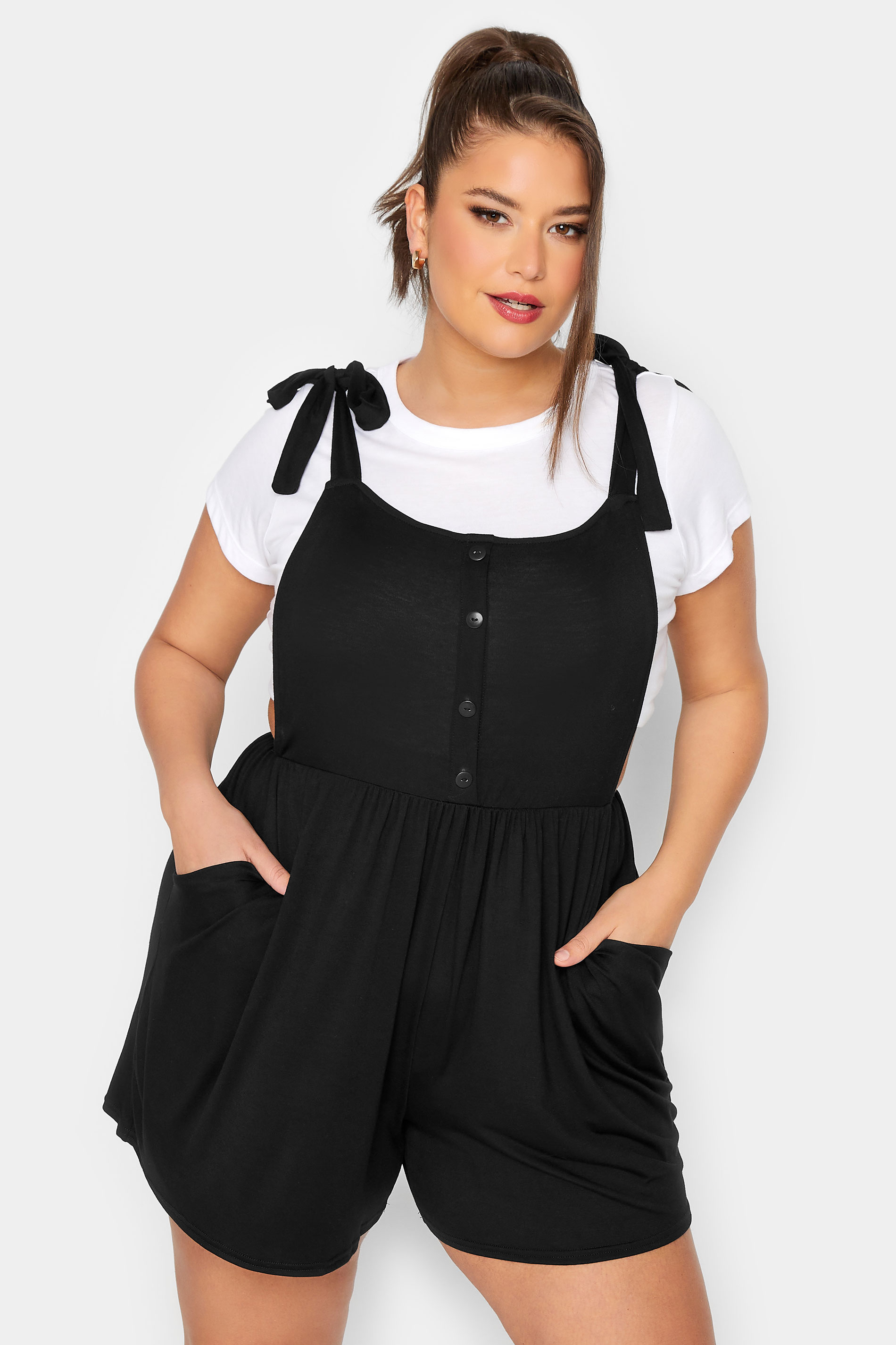 LIMITED COLLECTION Plus Size Black Short Dungarees | Yours Clothing  1