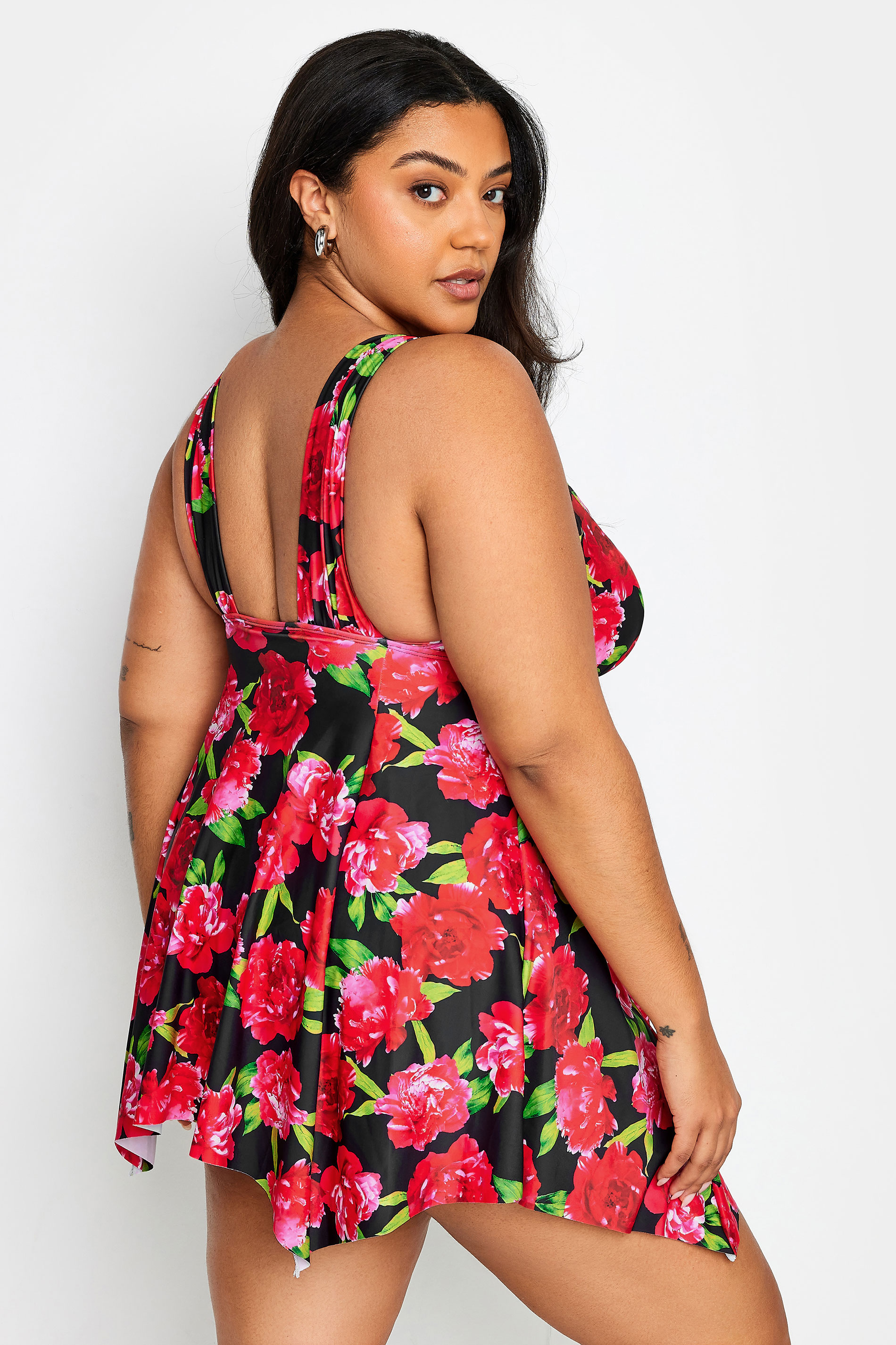 YOURS Plus Size Red Floral Print Hanky Hem Swim Dress | Yours Clothing 3