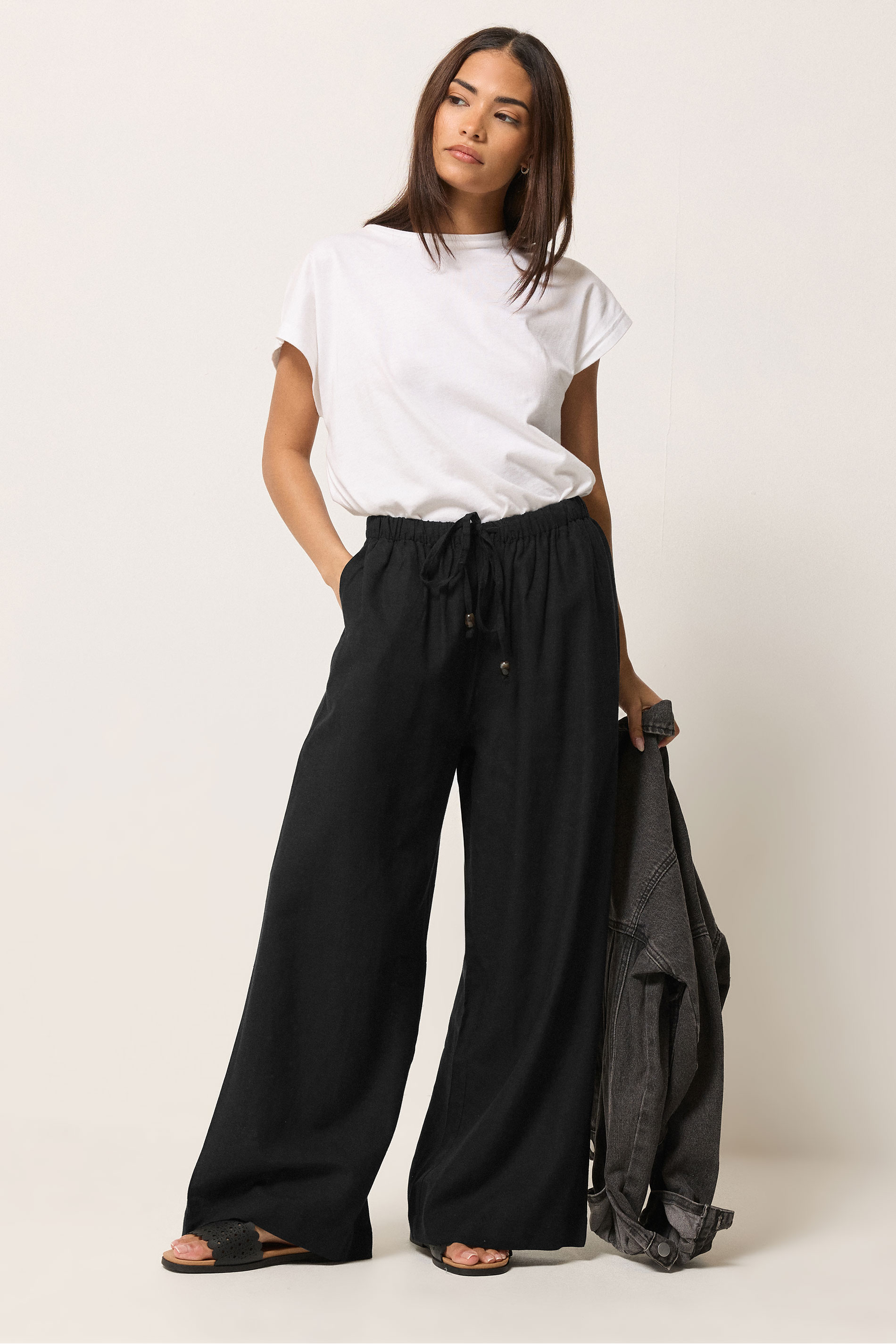 PixieGirl Petite Women's Black Beaded Linen Wide Leg Trousers | PixieGirl 3