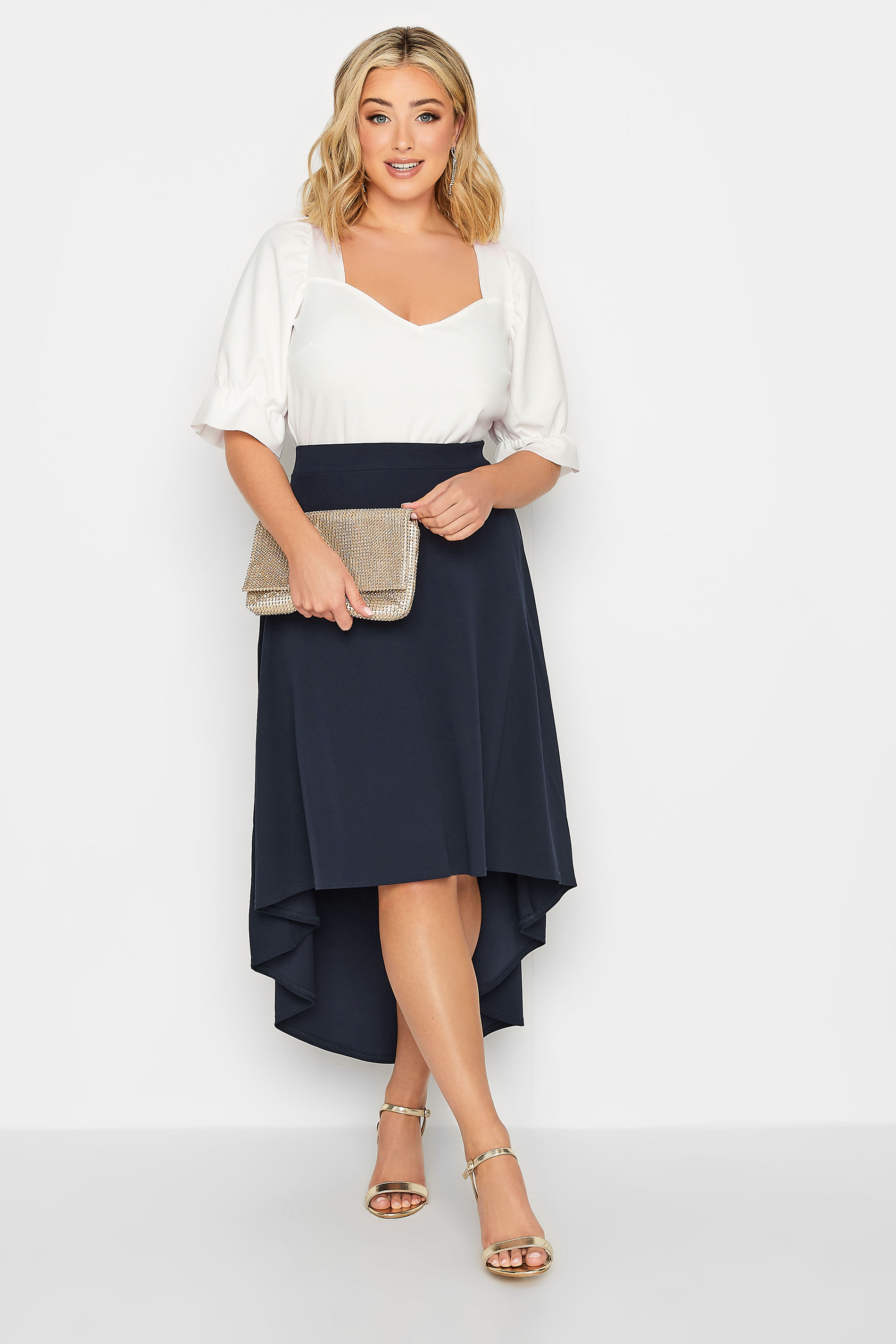YOURS LONDON Plus Size Navy Blue Dipped Hem Skirt | Yours Clothing 2