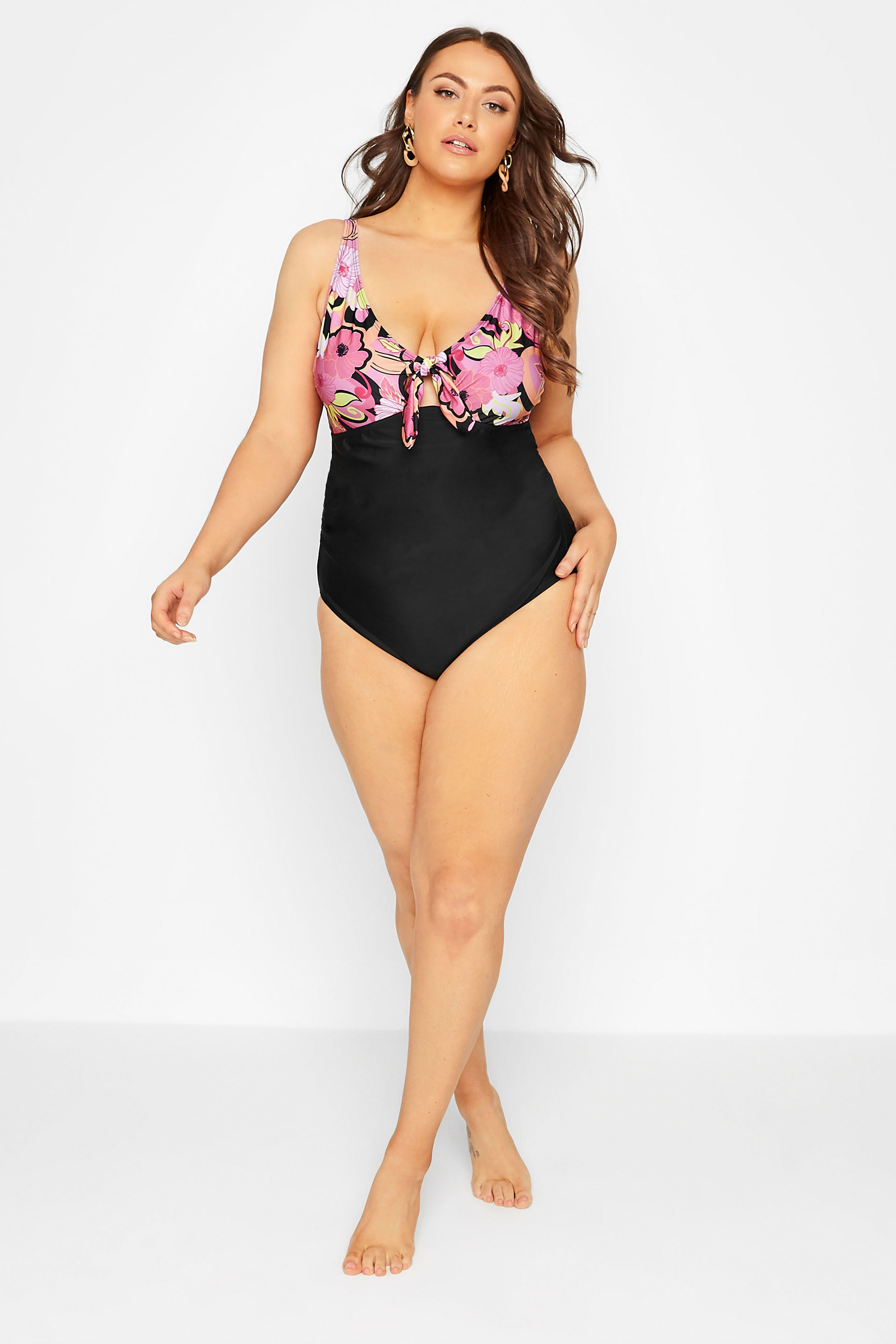 Plus Size Black Retro Floral Bow Tummy Control Swimsuit | Yours Clothing 2