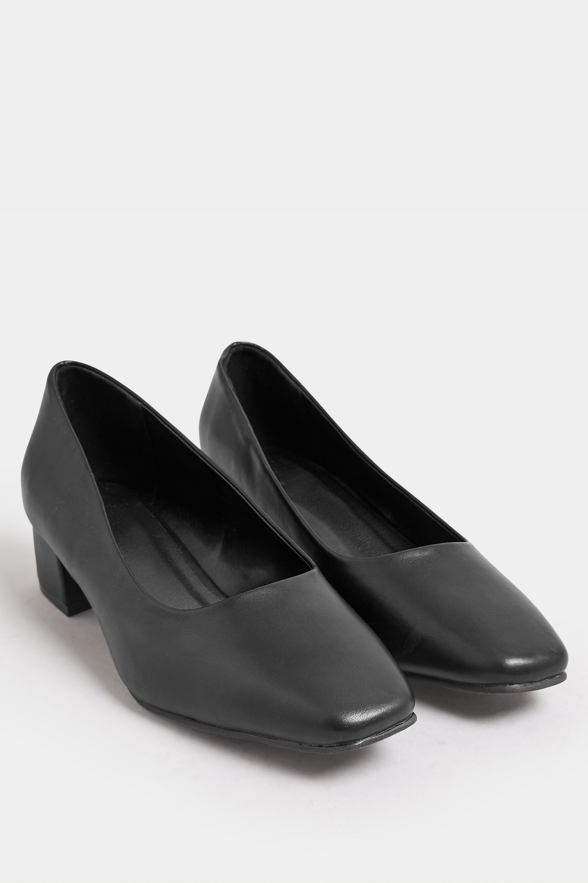 Black Faux Leather Block Heel Court Shoes In Extra Wide EEE Fit 2