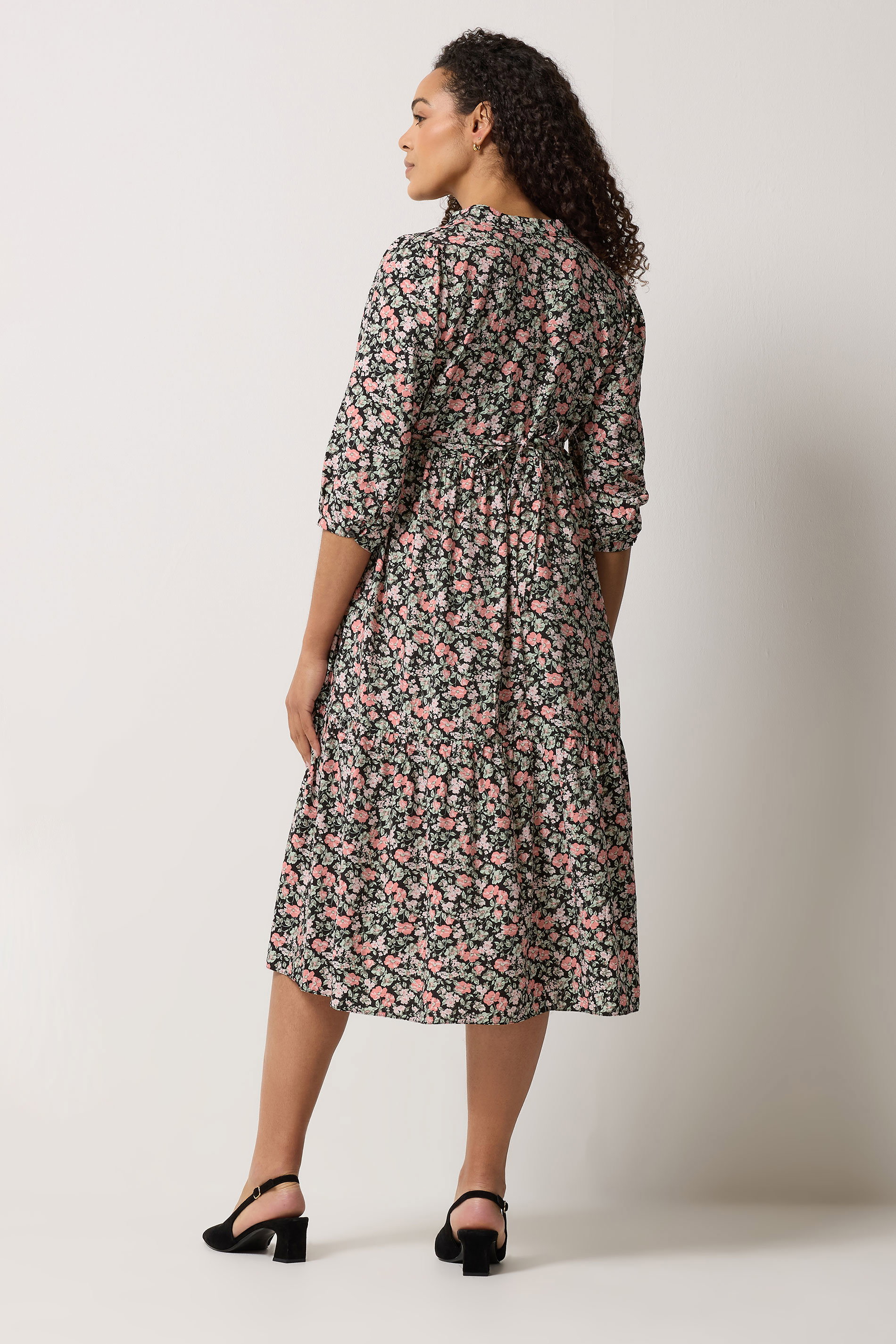 M&Co Black & Pink Floral Tiered Midi Dress | M&Co 2
