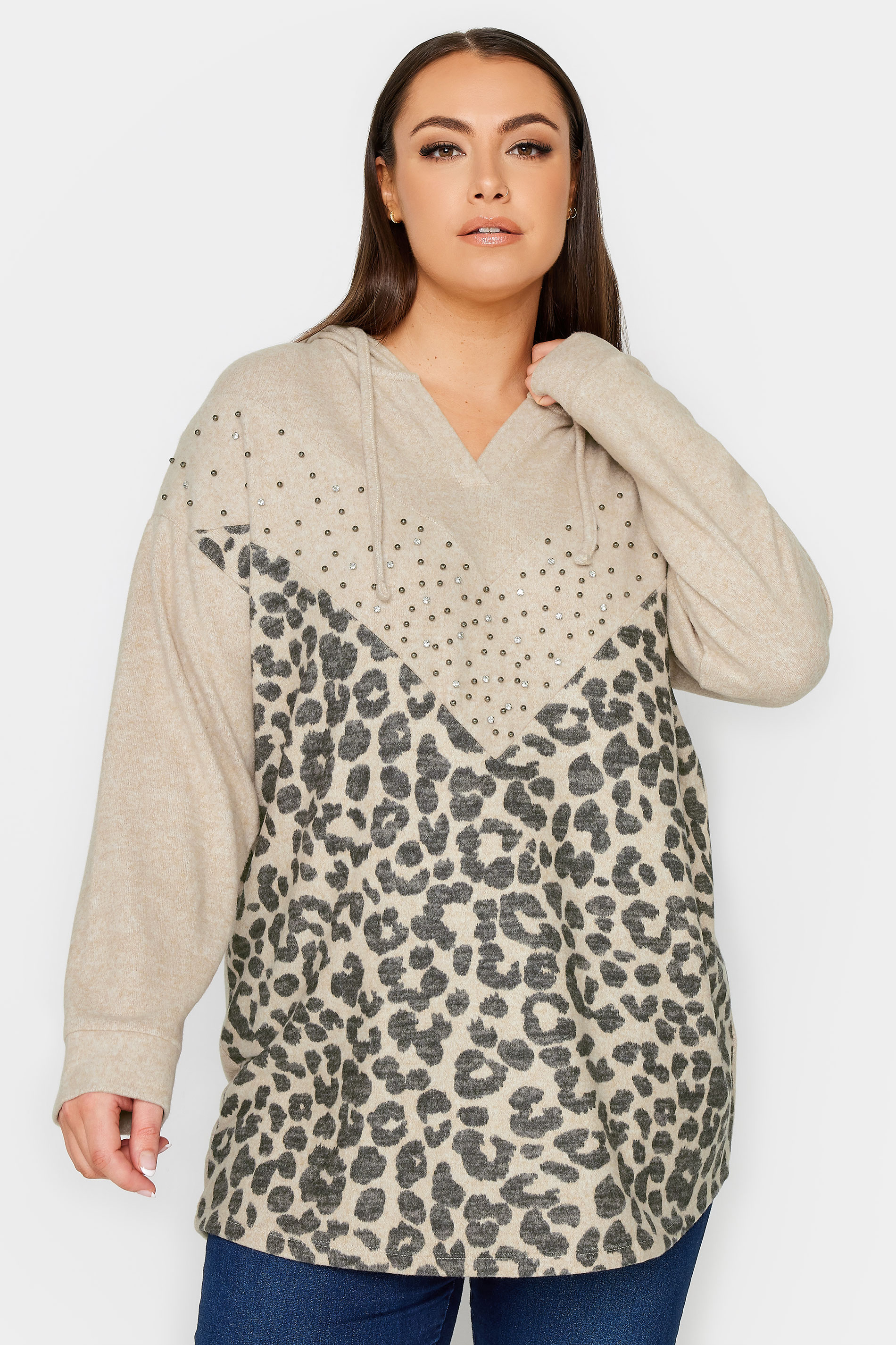 YOURS Plus Size Beige Brown Leopard Print Stud Hoodie | Yours Clothing 1