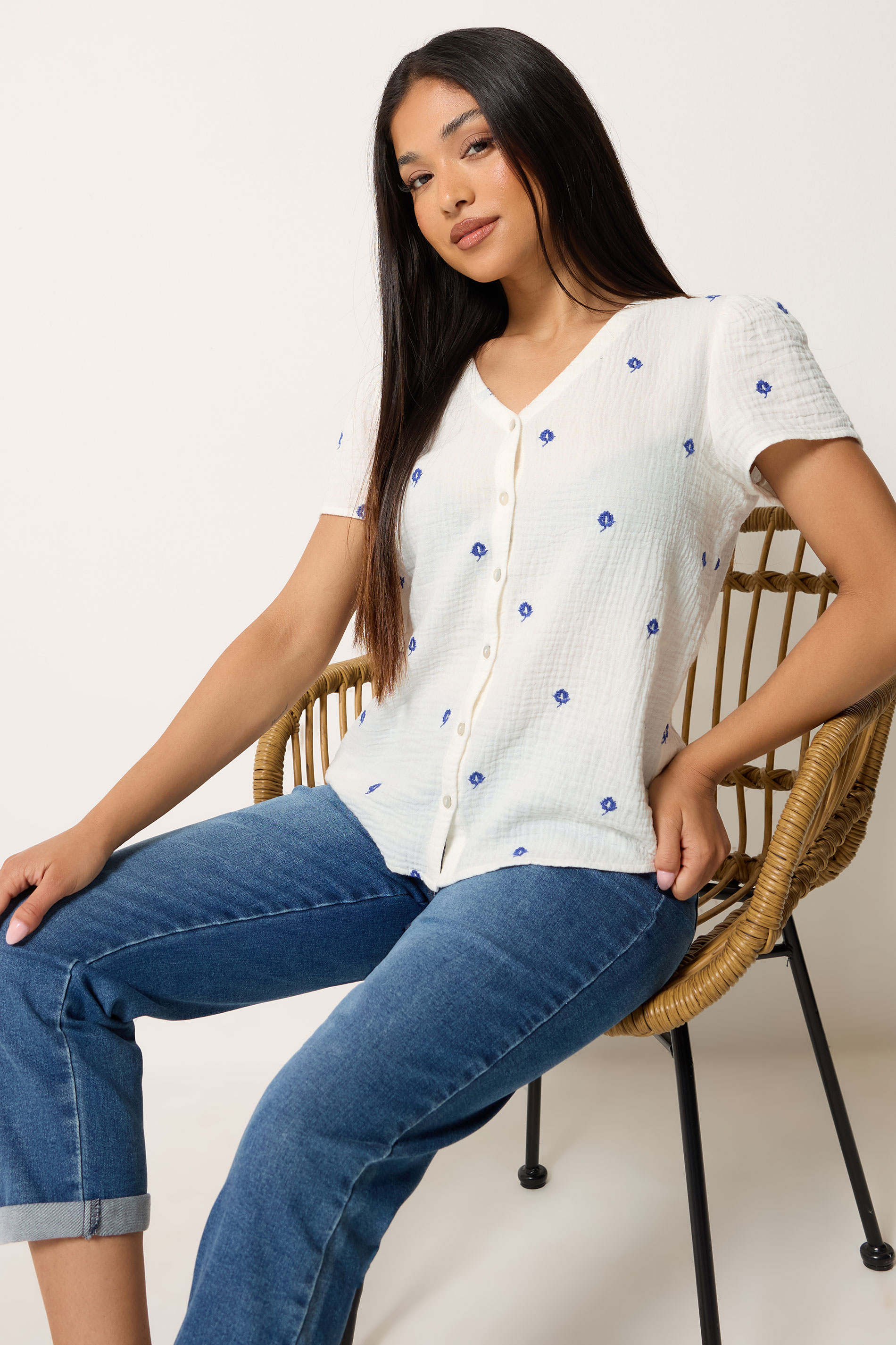 M&Co Petite White Floral Embroidered Cotton Short Sleeve Blouse | M&Co 3