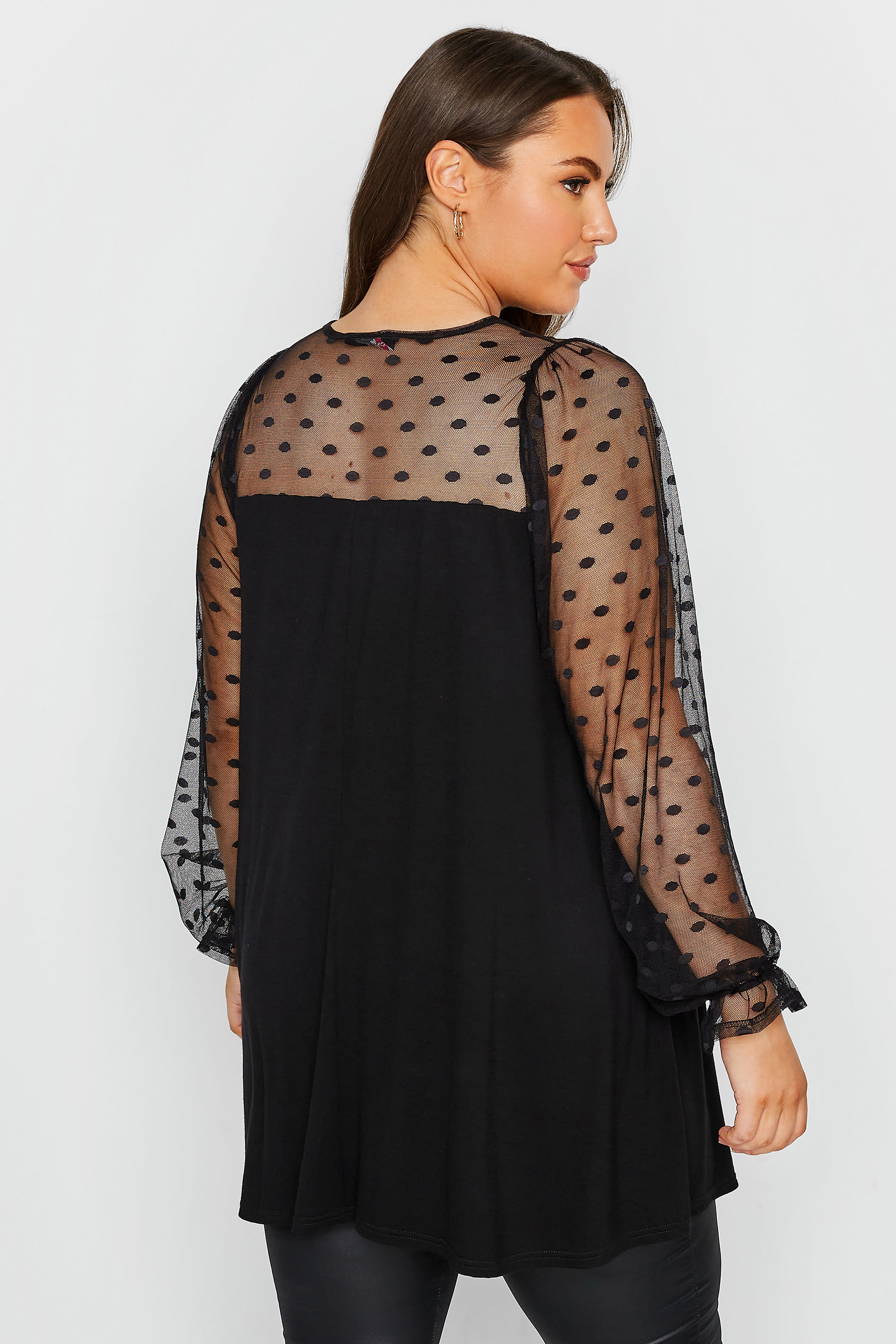 Curve Black Polka Dot Flocked Mesh Sleeve Top | Yours Clothing 3