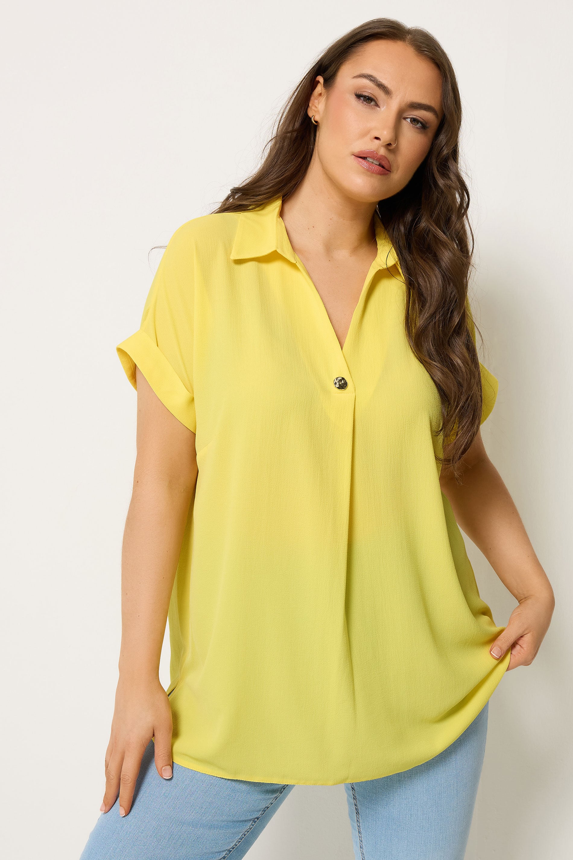 YOURS Plus Size Yellow Button Half Placket Blouse | Yours Clothing 3