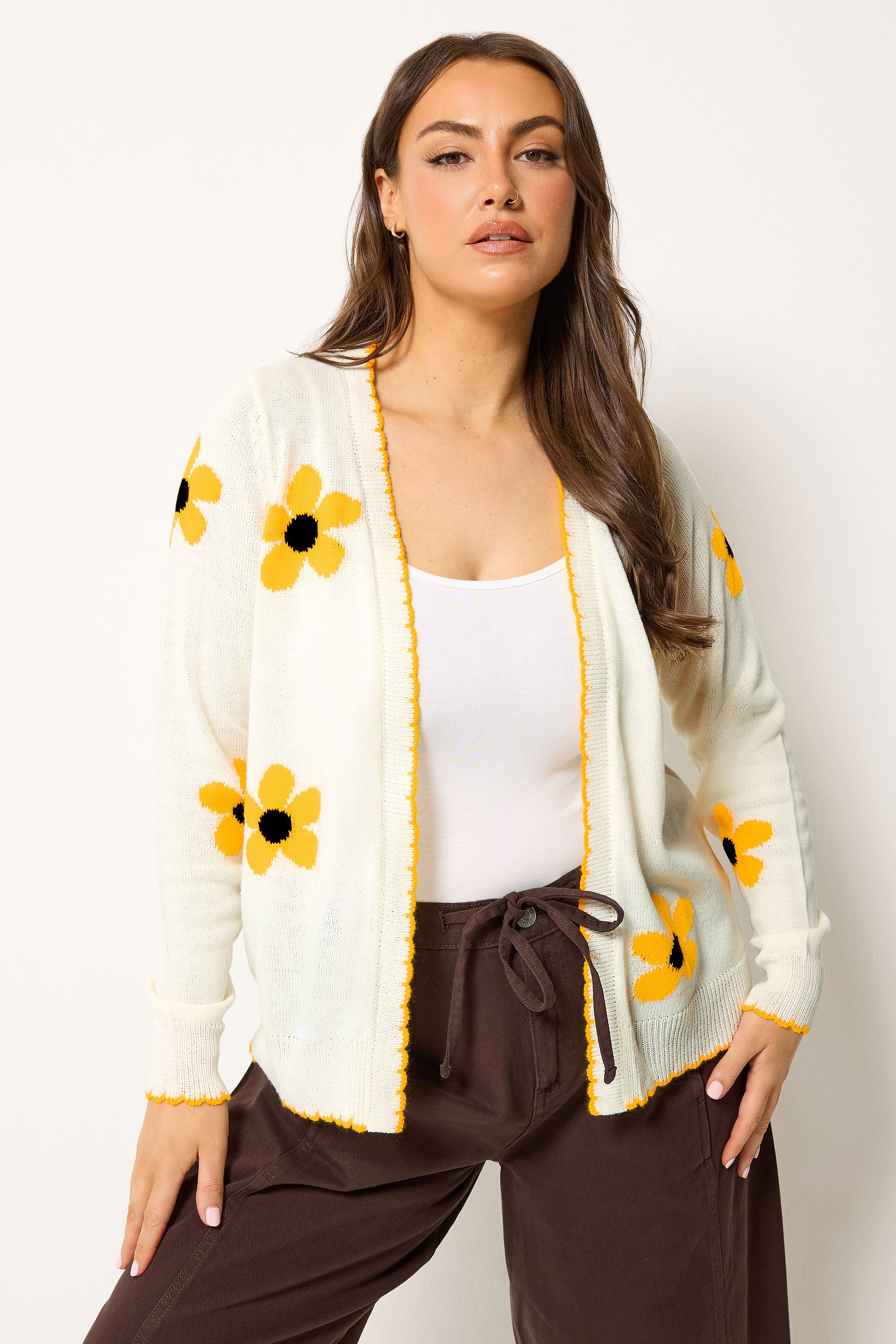 YOURS Curve Ivory White Sunflower Knitted Cardigan | Yours Clothing 3
