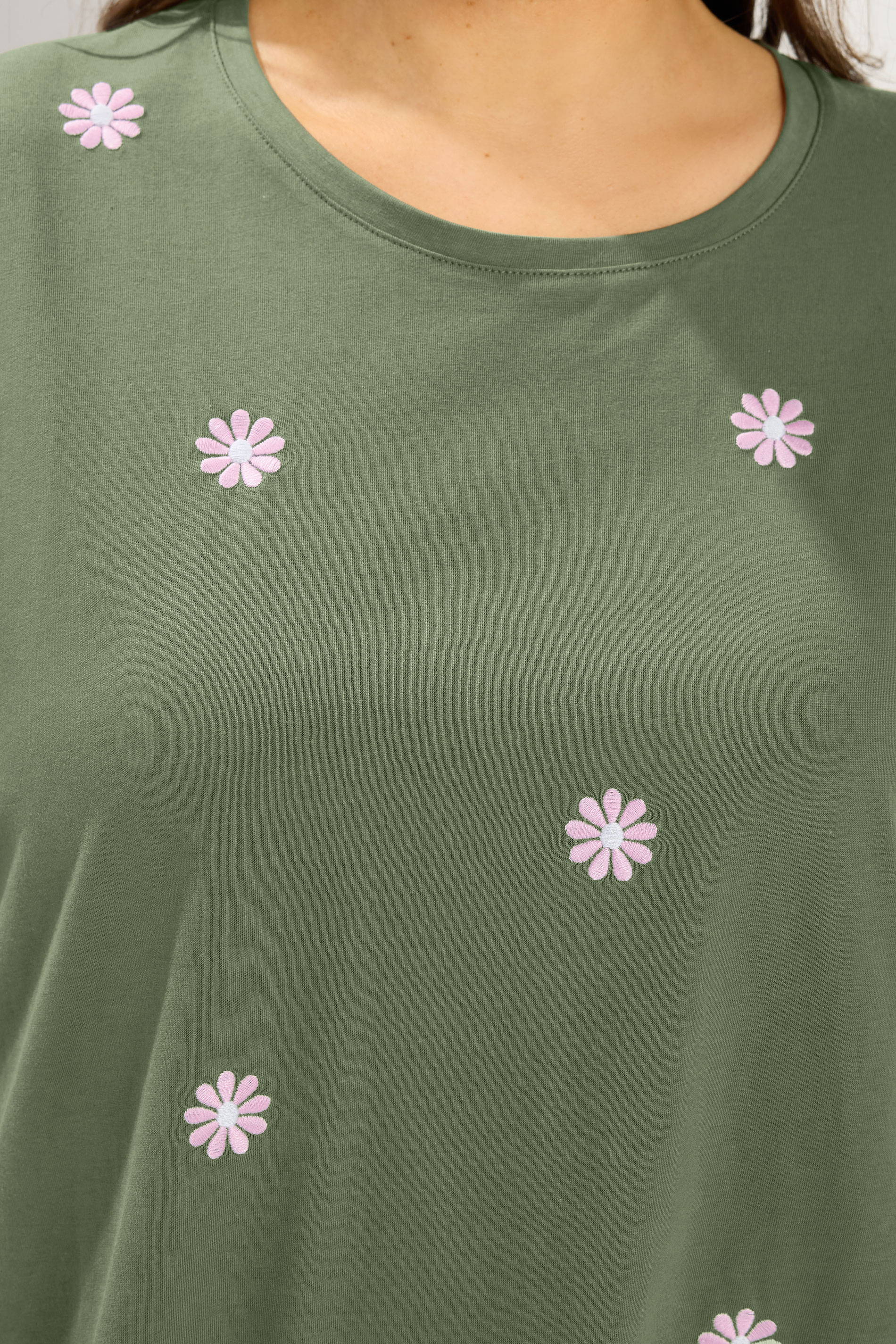 YOURS Plus Size Khaki Green Embroidered Daisy T-Shirt | Yours Clothing 4