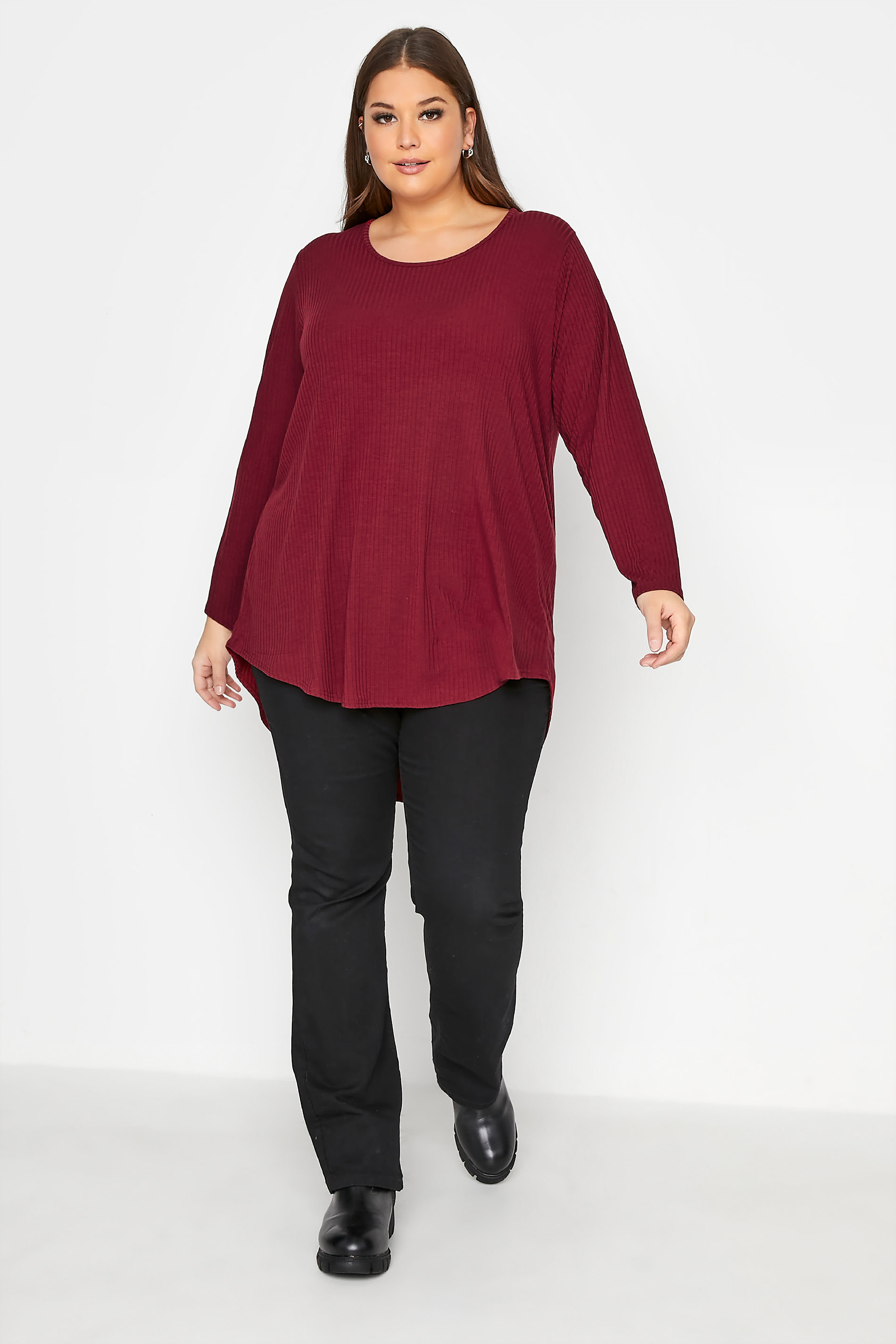 Grande taille  Tops Grande taille  Tops Casual | LIMITED COLLECTION - Top Rouge Vin Nervuré Ourlet Plongeant - AB55042