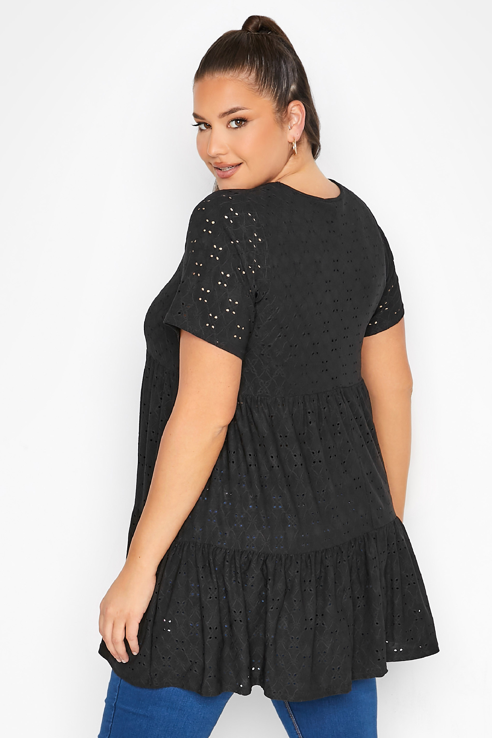 LIMITED COLLECTION Plus Size Black Broderie Anglaise Tiered Smock Top | Yours Clothing 3
