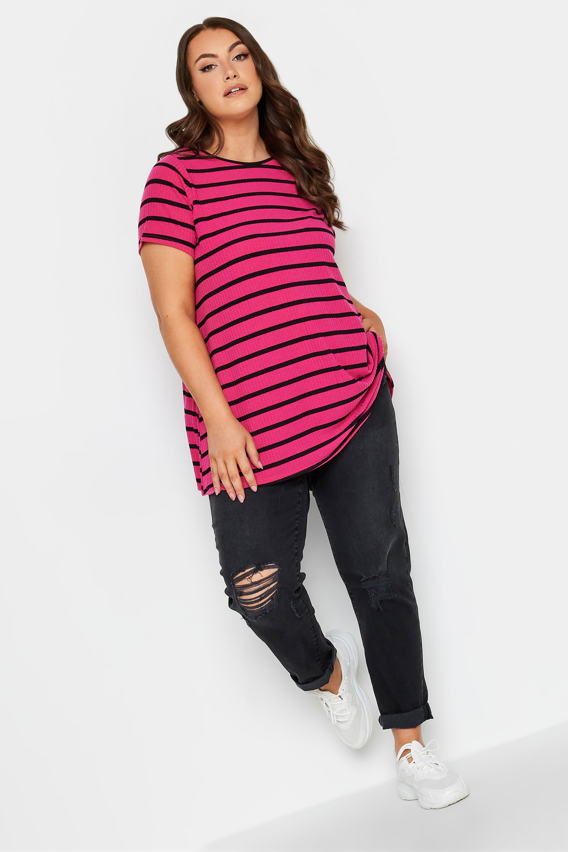 YOURS Curve Plus Size Hot Pink Stripe Ribbed Swing T-Shirt | Yours Clothing  2