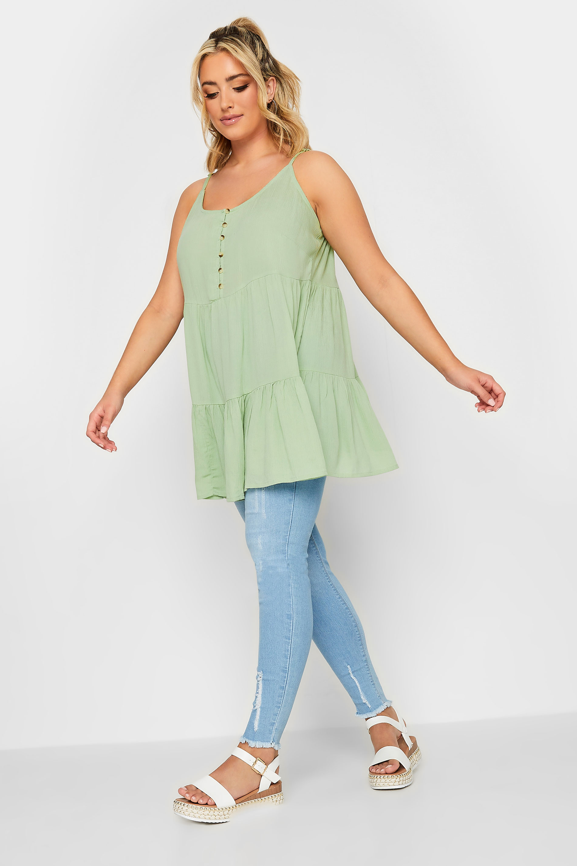 LIMITED COLLECTION Plus Size Sage Green Crinkle Tiered Swing Vest Top | Yours Clothing 2