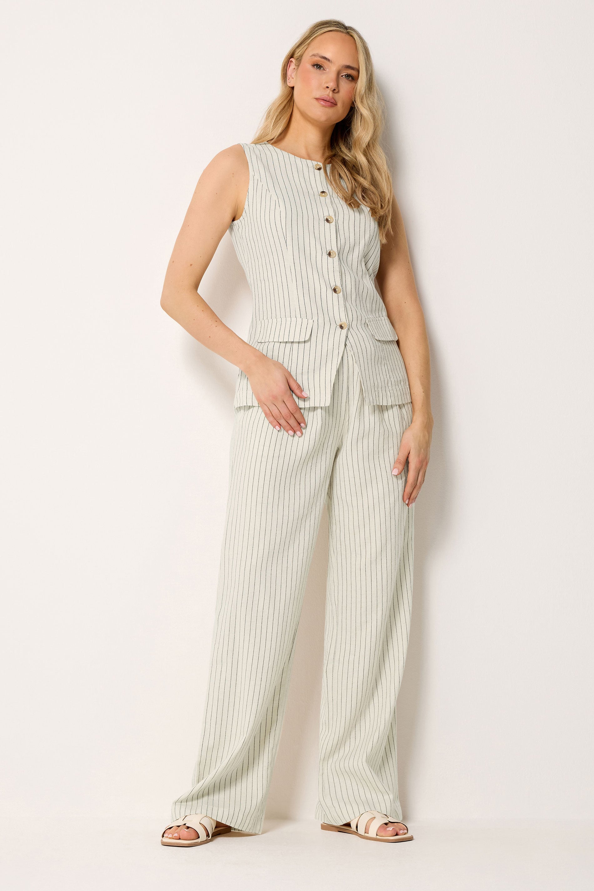 LTS Tall Women's Ivory White Pinstripe Linen Wide Leg Trousers | Long Tall Sally 1